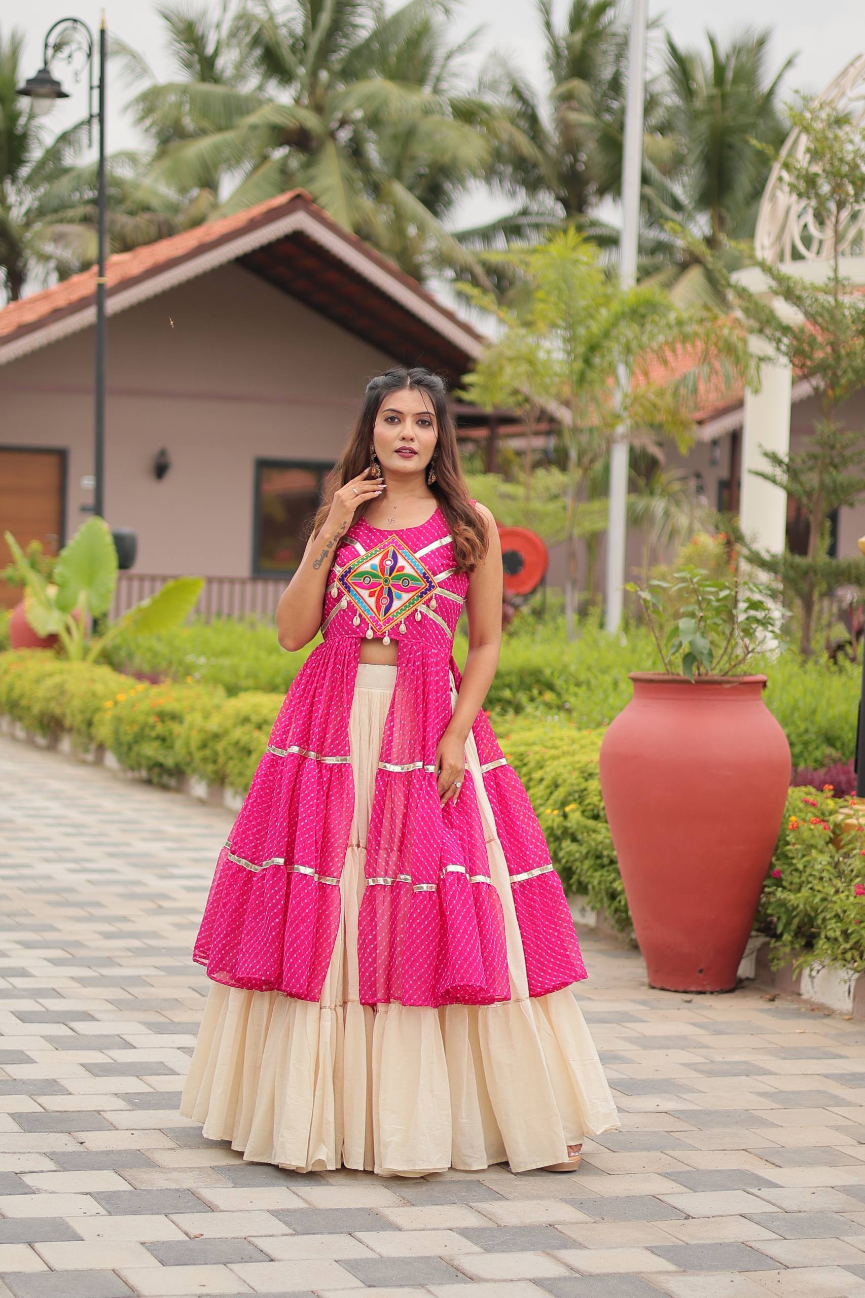 Navratri Special Gamthi Work Cotton Lehenga Choli Set with Embroidered Shrug