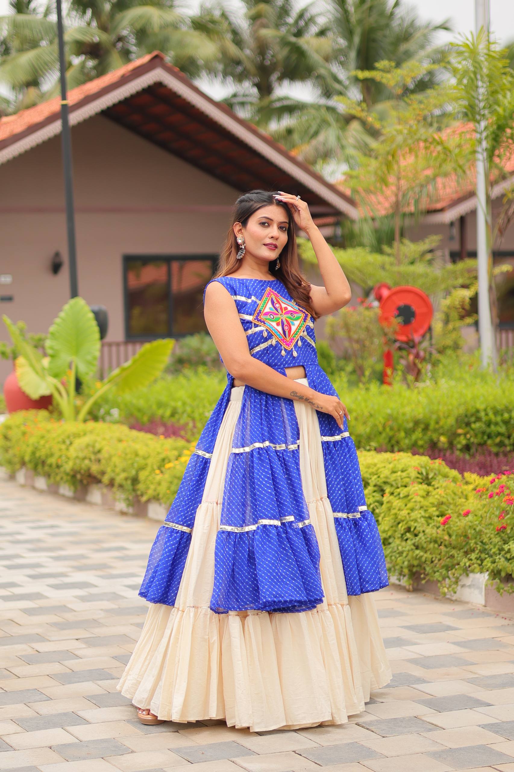 Navratri Special Gamthi Work Cotton Lehenga Choli Set with Embroidered Shrug