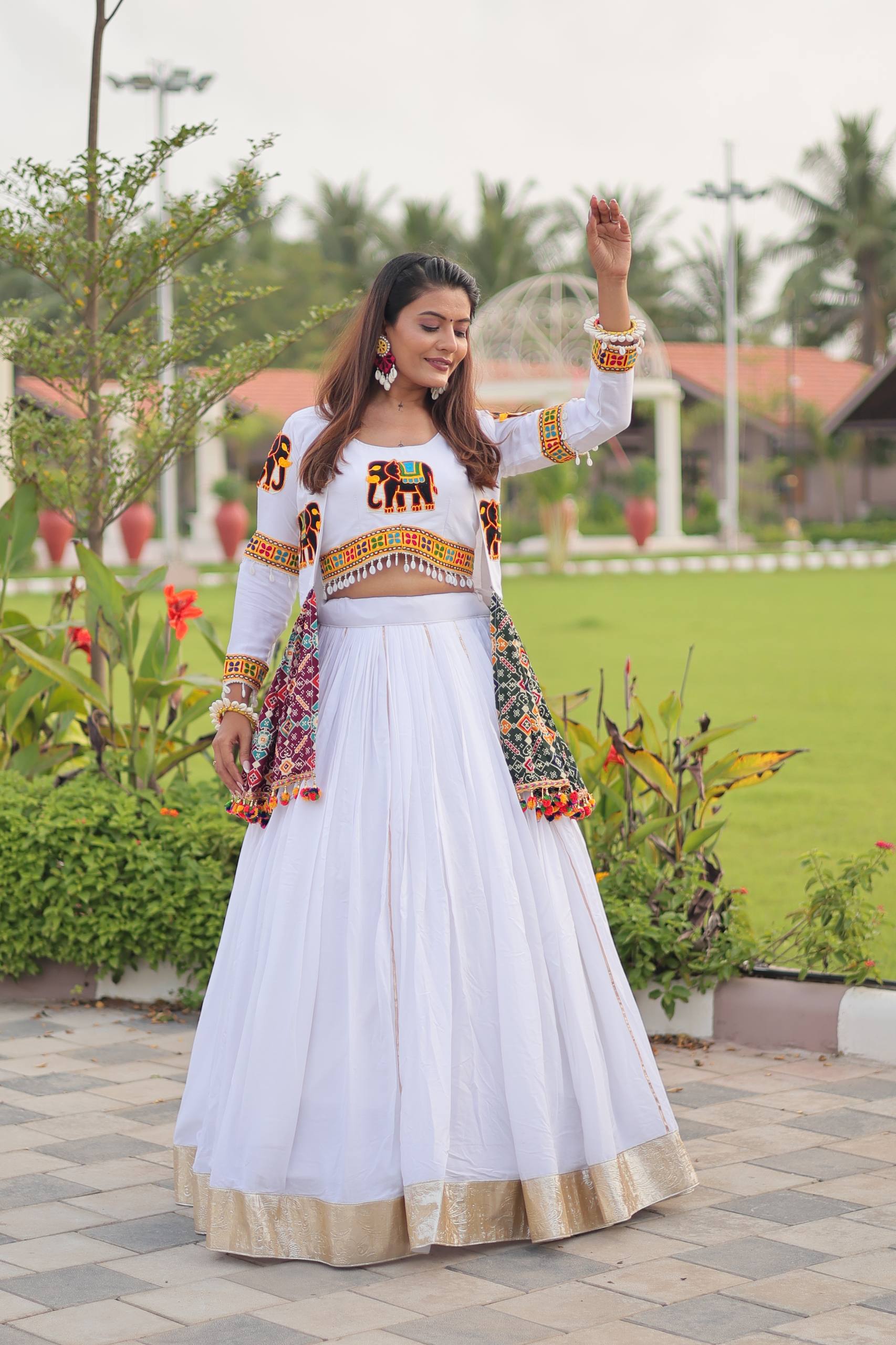 Traditional White Lehenga Choli with Embroidered Jacket