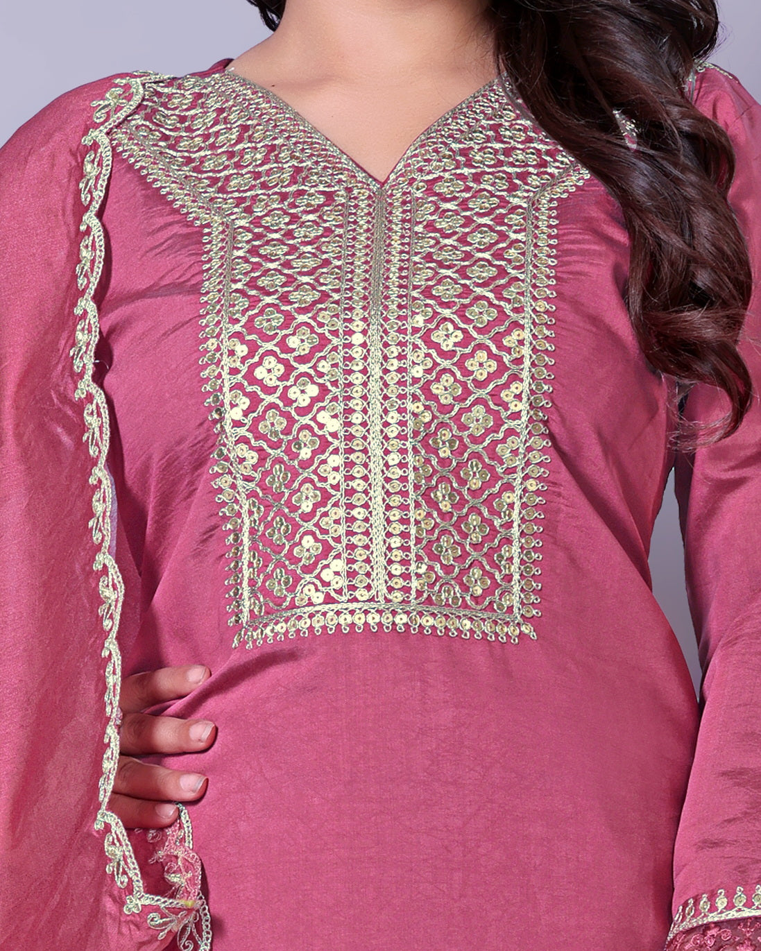 Festive Pink Silk Blend Kurti Set with Zari & Sequence Embroidery
