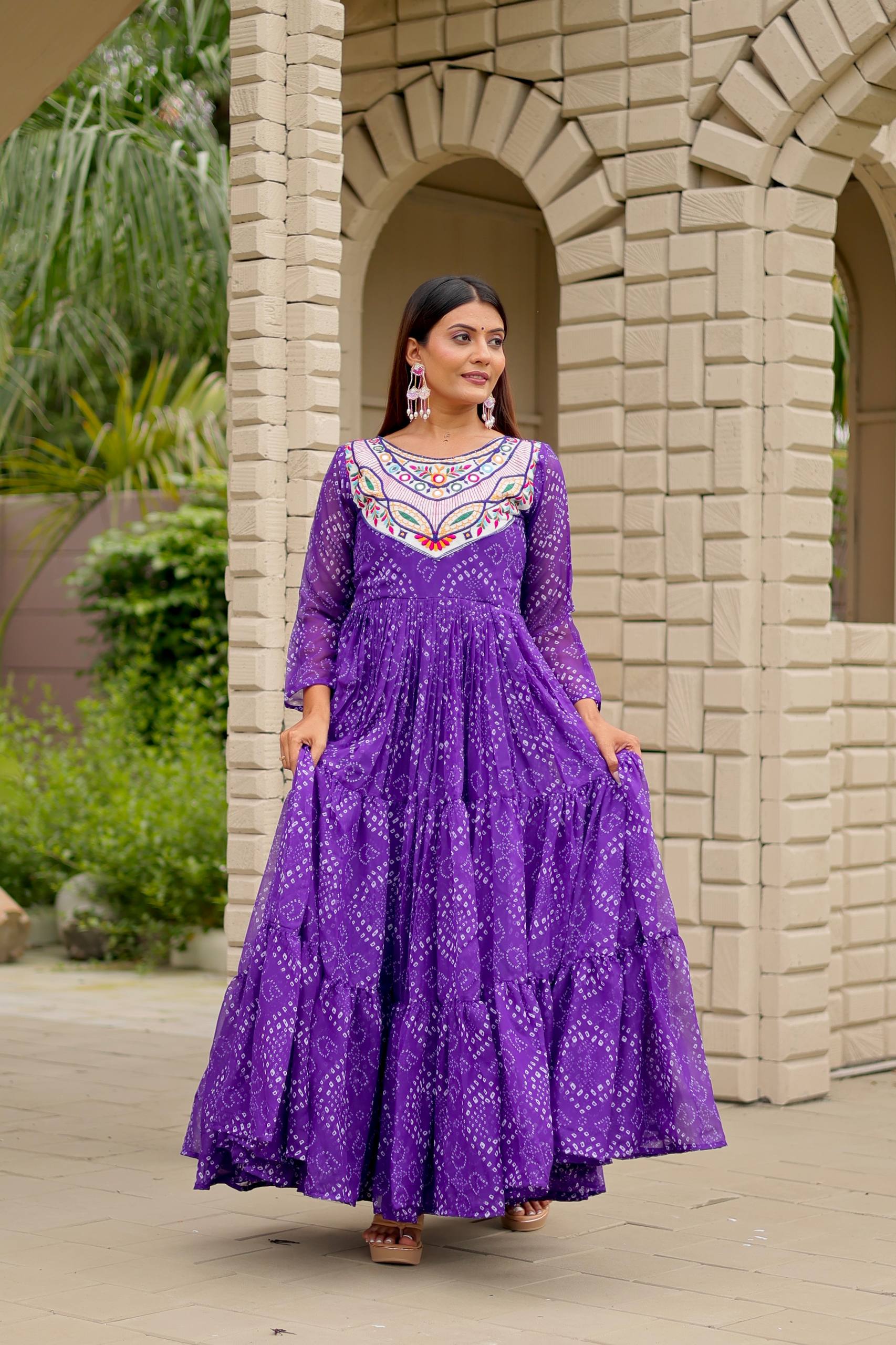 Navratri Special Bandhani Gown with Mirror Work Embroidery