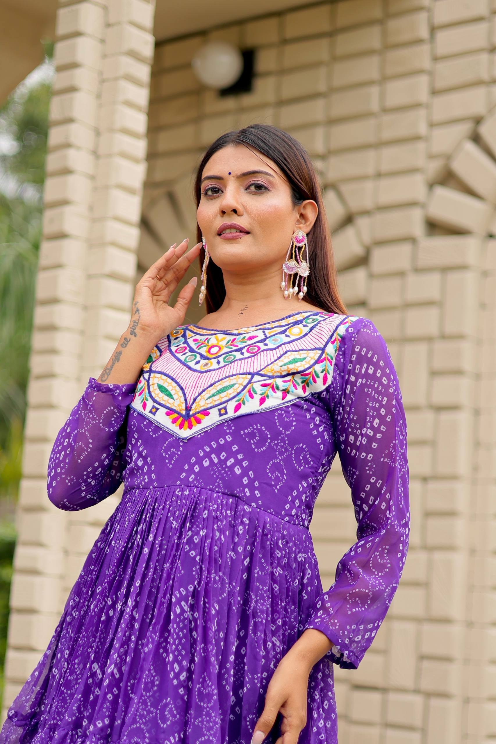 Navratri Special Bandhani Gown with Mirror Work Embroidery