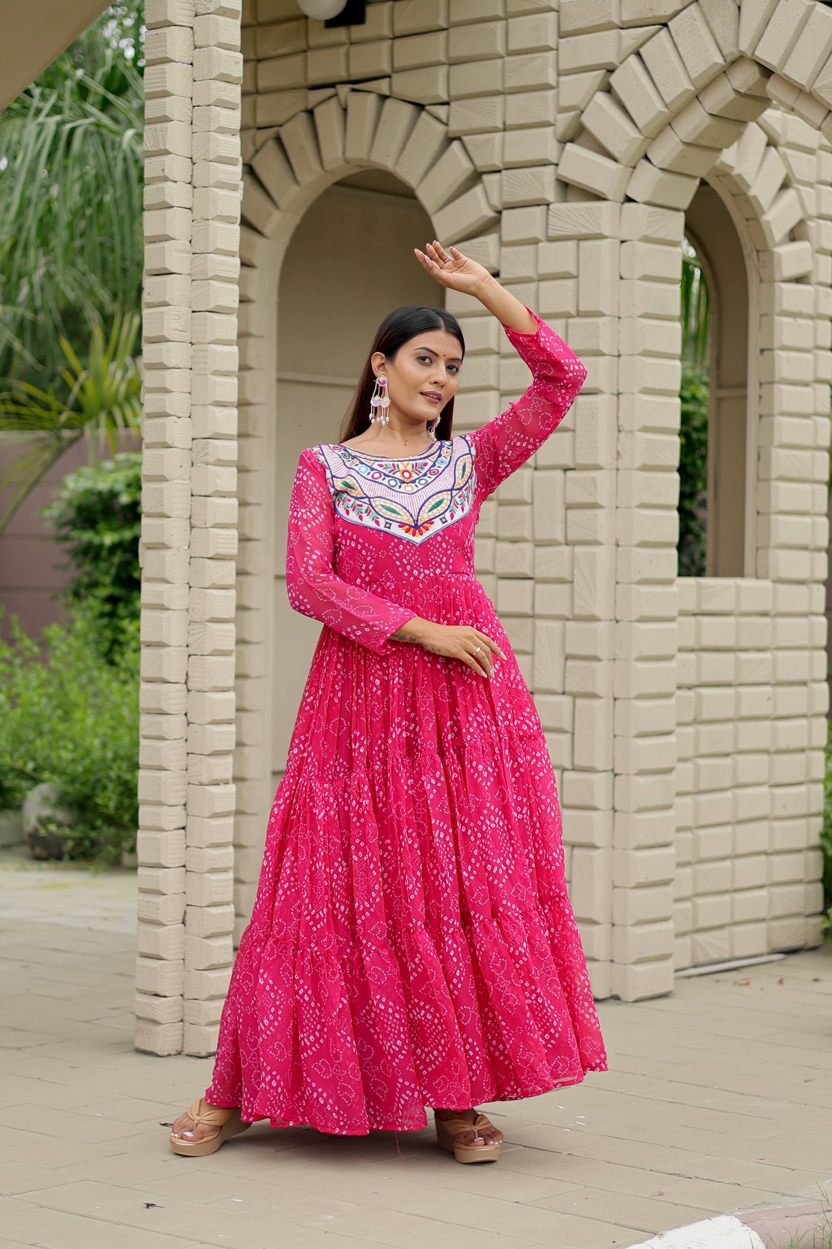 Navratri Special Bandhani Gown with Mirror Work Embroidery