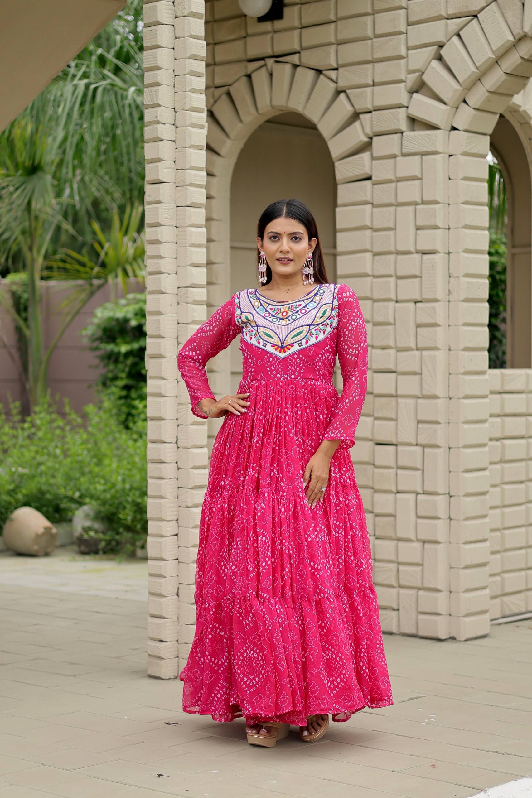 Navratri Special Bandhani Gown with Mirror Work Embroidery