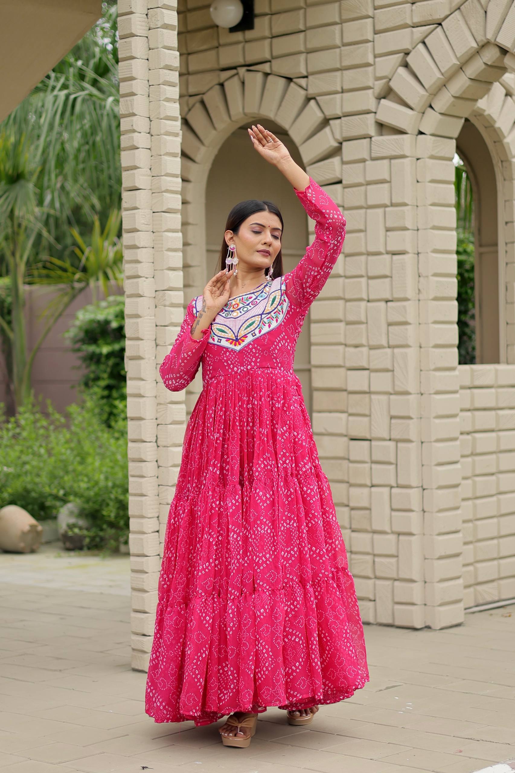 Navratri Special Bandhani Gown with Mirror Work Embroidery