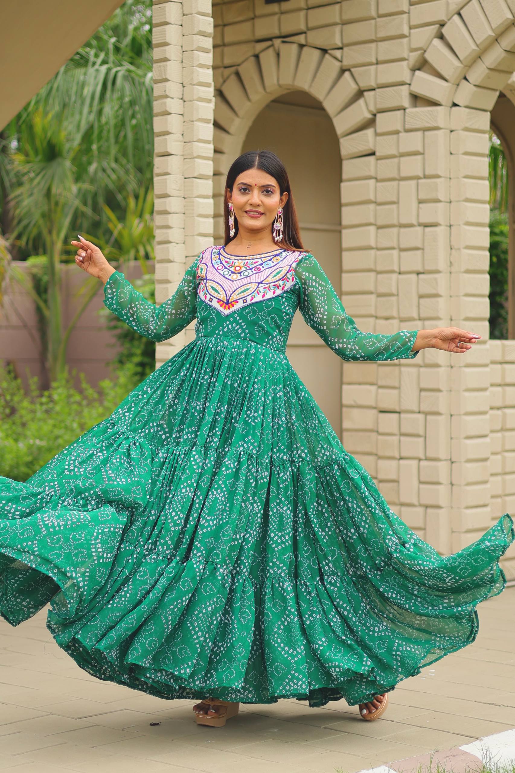 Navratri Special Bandhani Gown with Mirror Work Embroidery