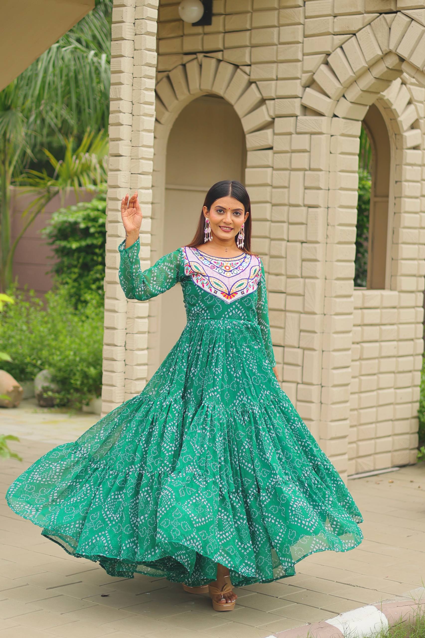 Navratri Special Bandhani Gown with Mirror Work Embroidery
