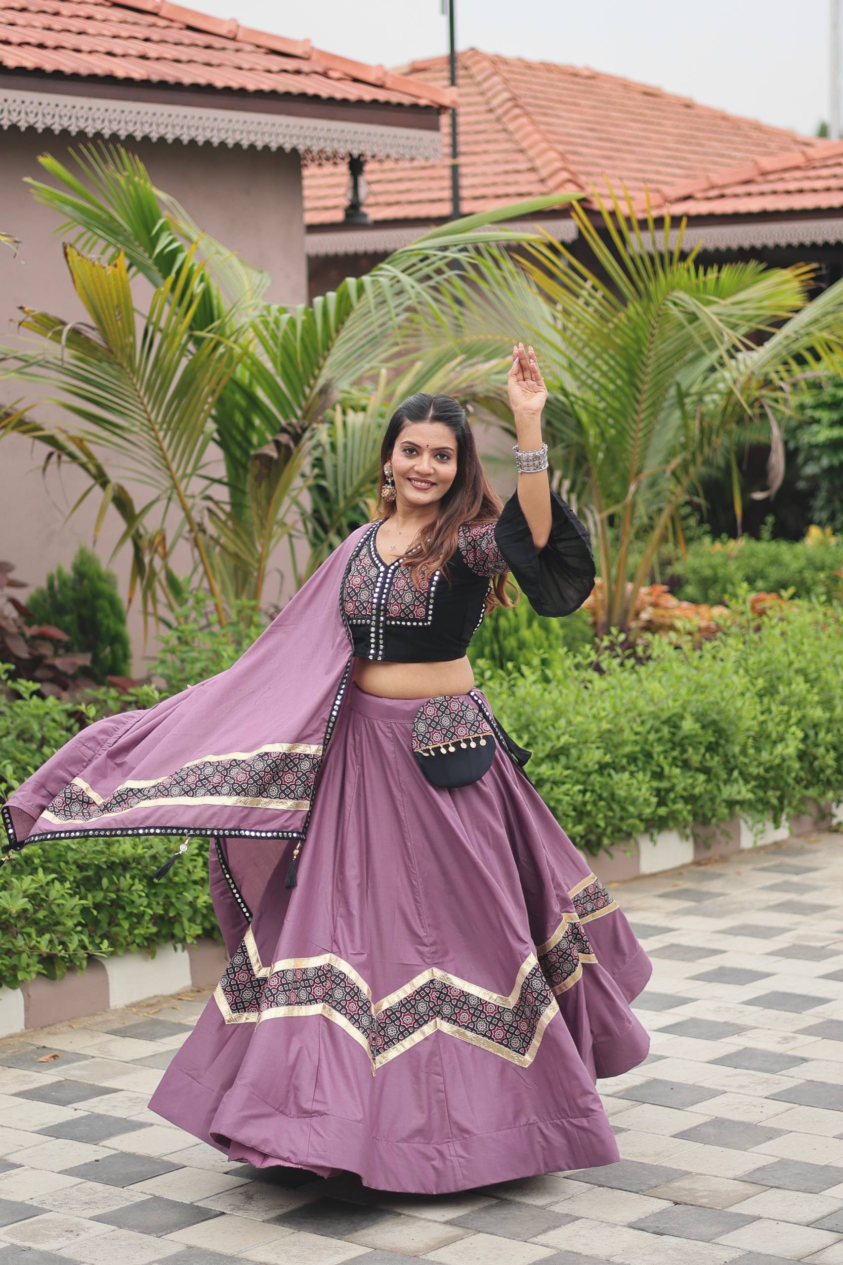 Vibrant Purple Lehenga Choli with Contrast Black Blouse & Dupatta