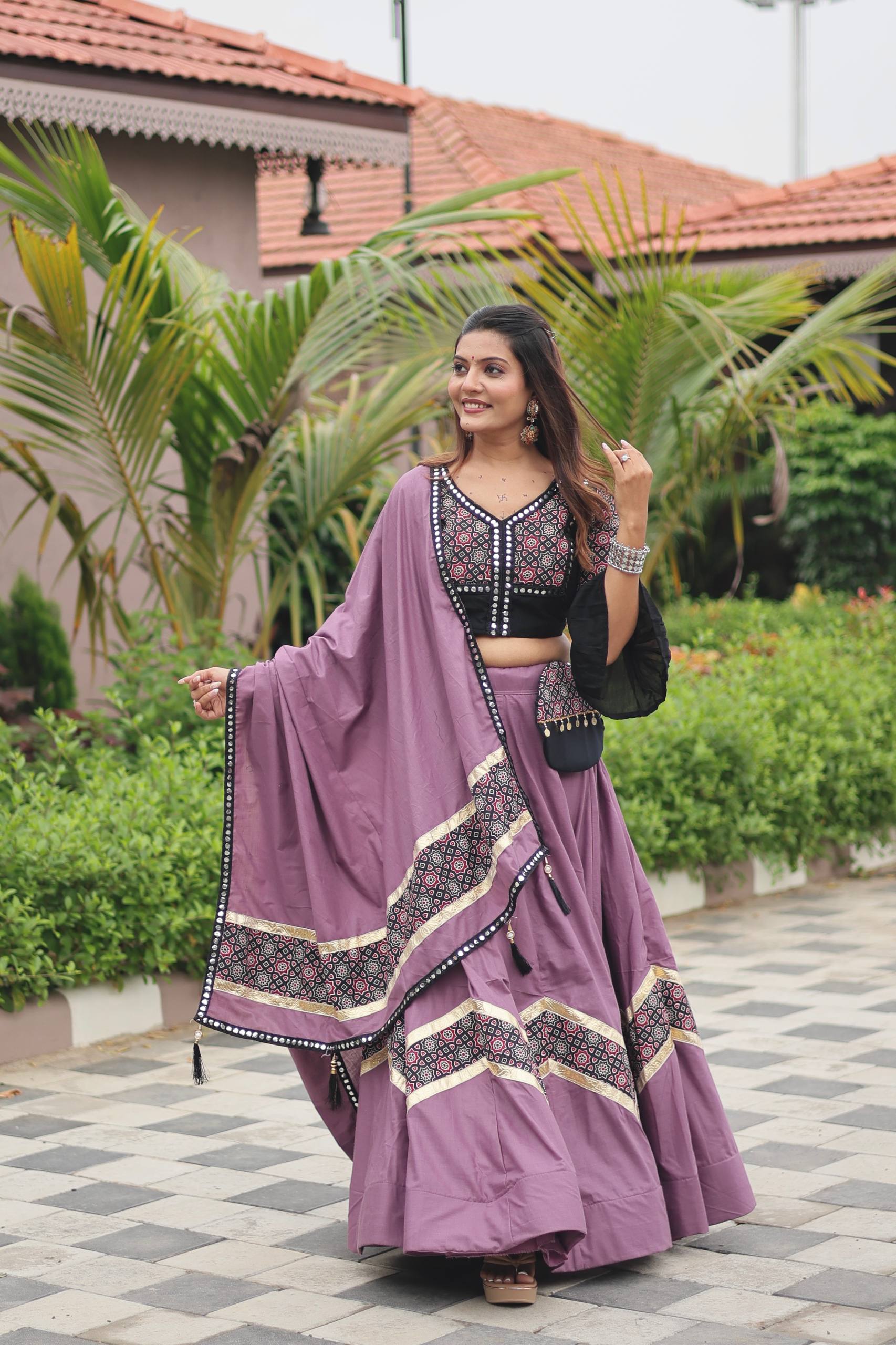 Vibrant Purple Lehenga Choli with Contrast Black Blouse & Dupatta
