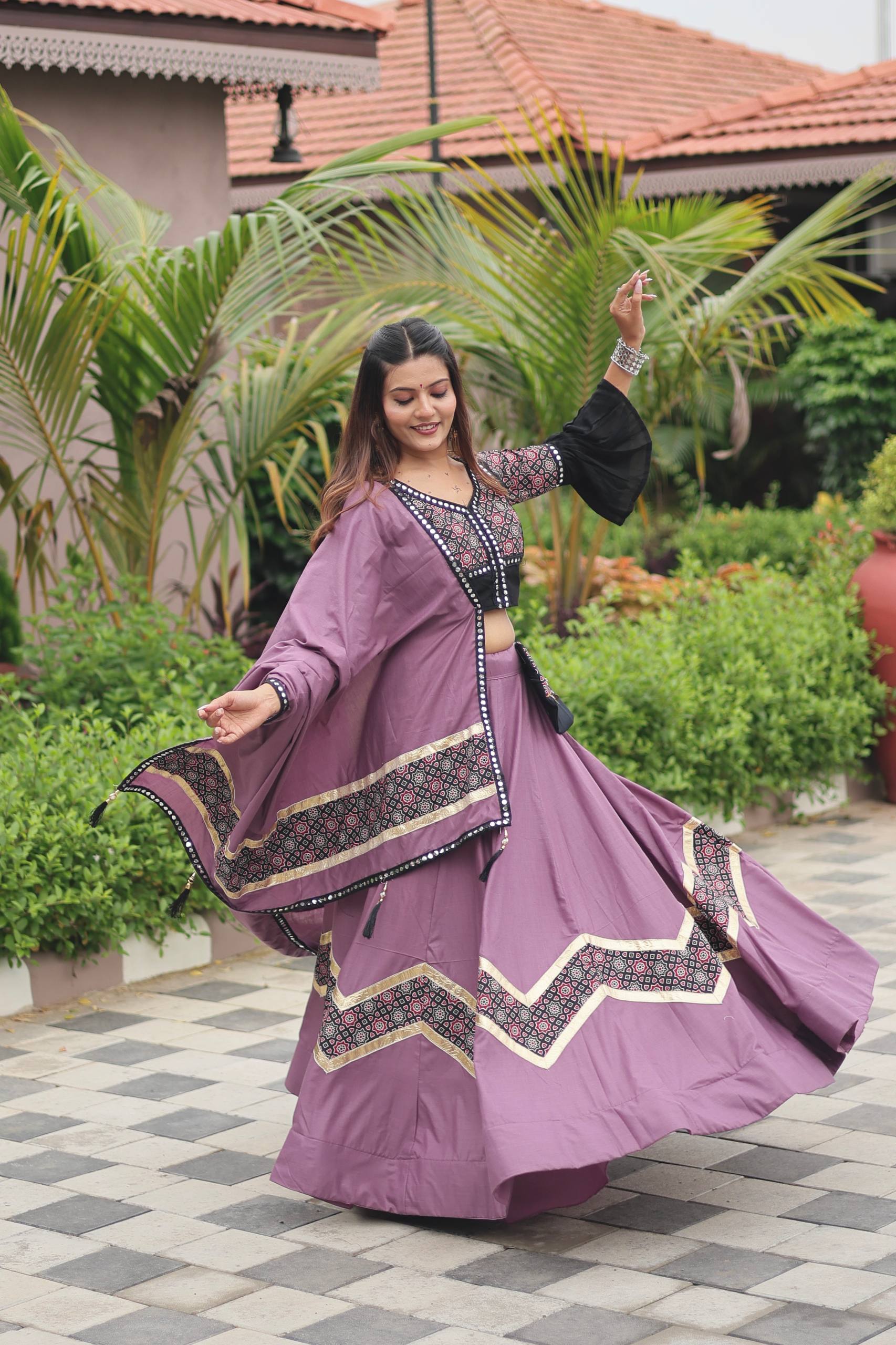 Vibrant Purple Lehenga Choli with Contrast Black Blouse & Dupatta