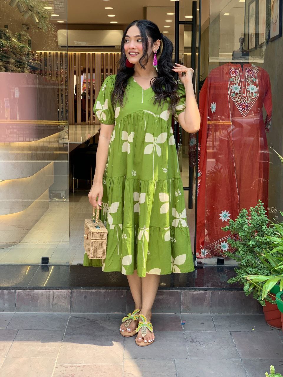 Stylish Green Cotton Flared Midi Dress with Puff Sleeves & Floral Print