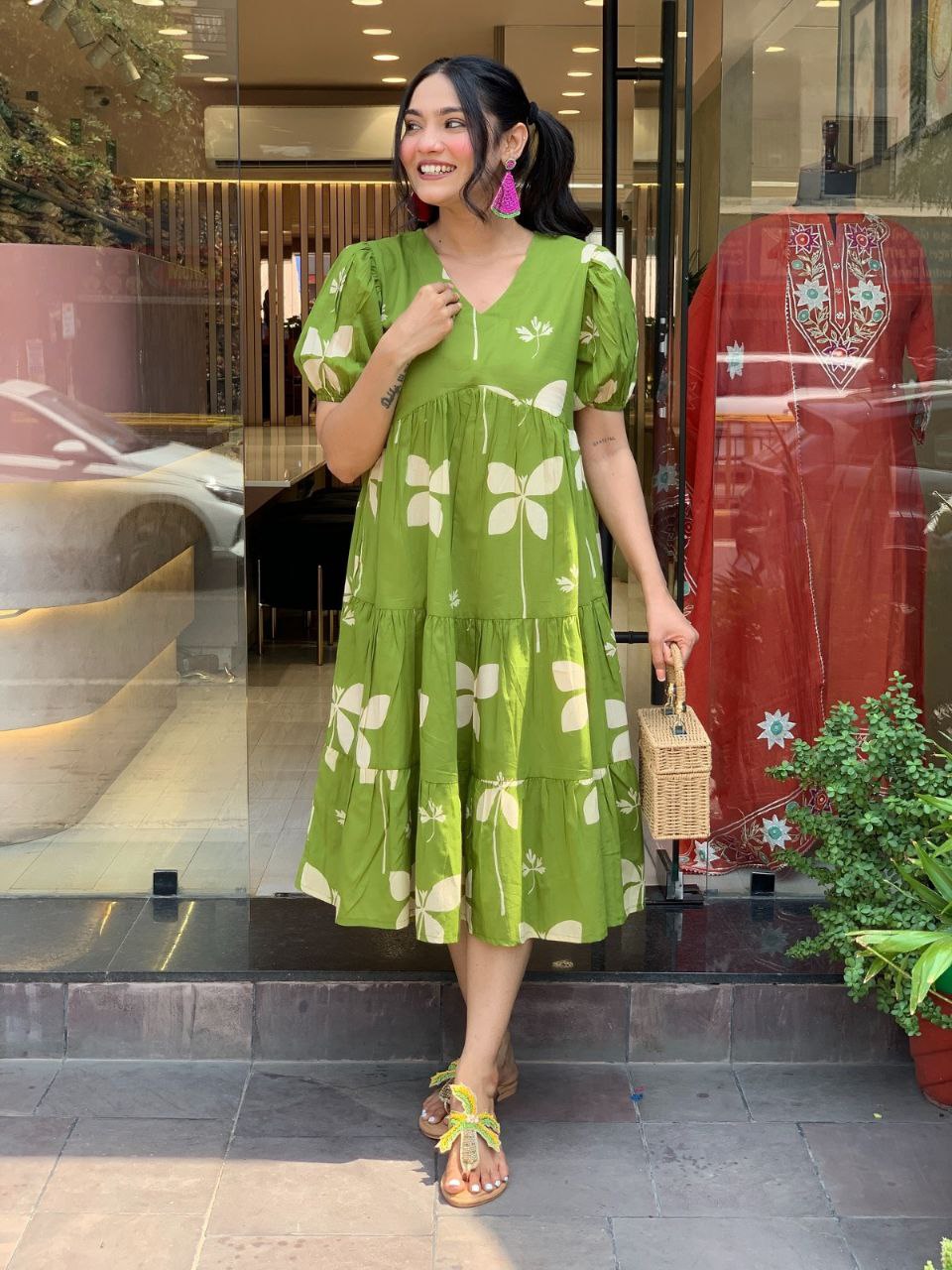 Stylish Green Cotton Flared Midi Dress with Puff Sleeves & Floral Print