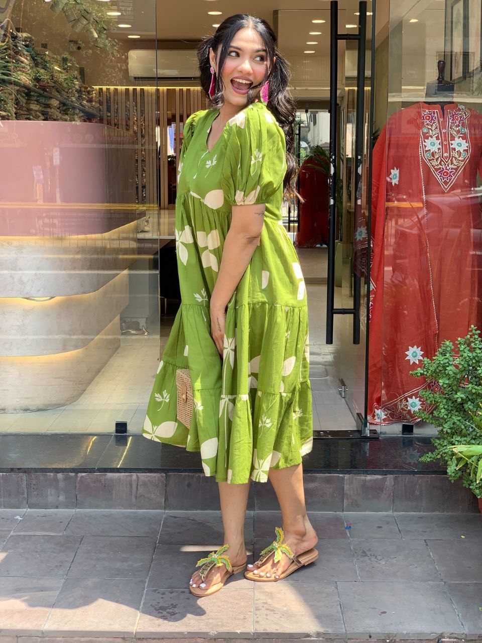 Stylish Green Cotton Flared Midi Dress with Puff Sleeves & Floral Print