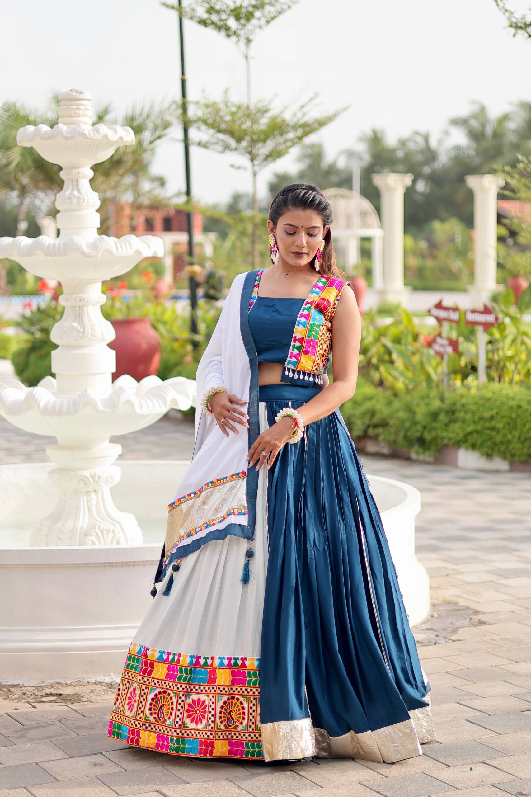 Designer Teal & White Lehenga Choli with Embroidered Details