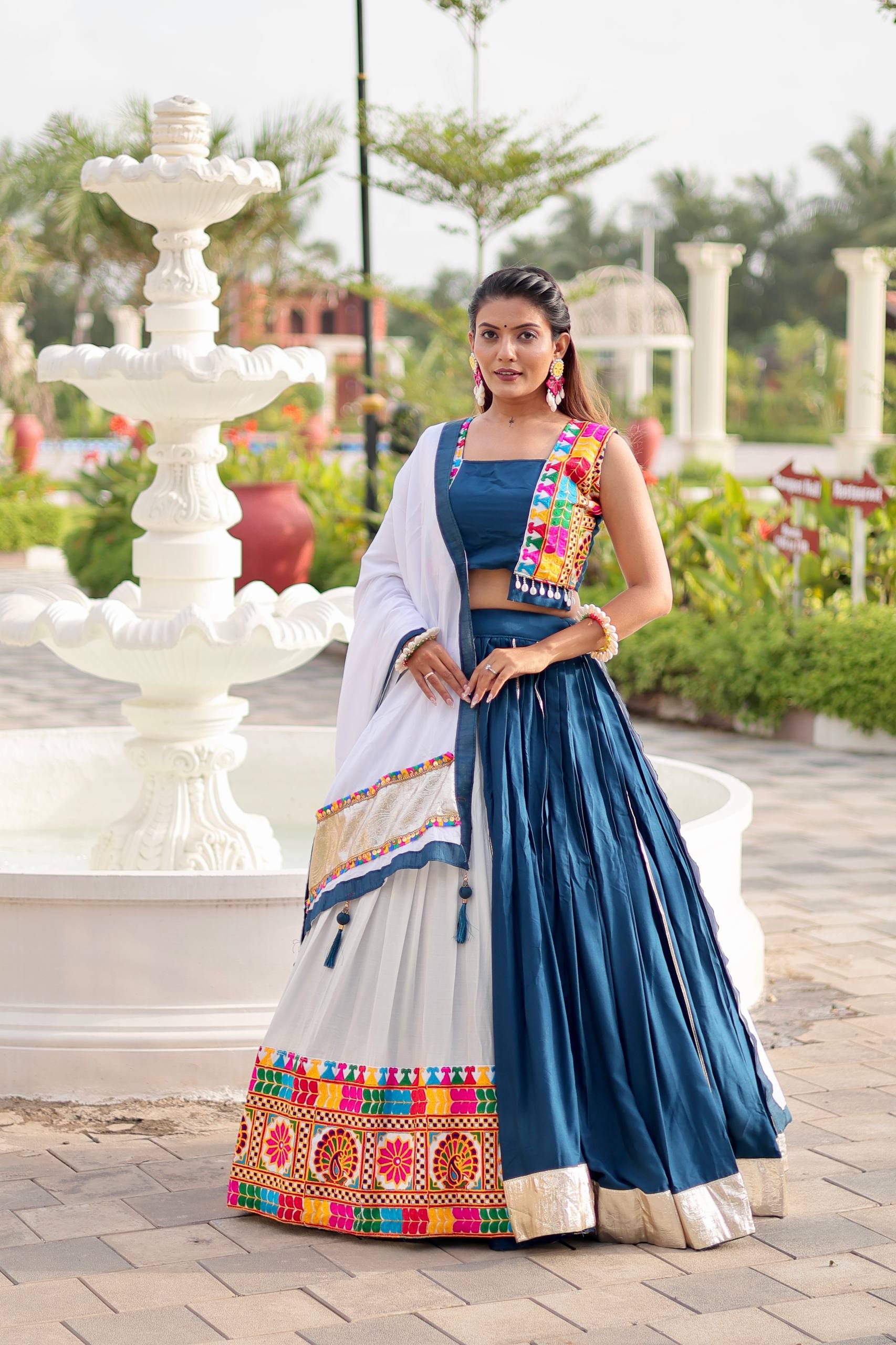 Designer Teal & White Lehenga Choli with Embroidered Details