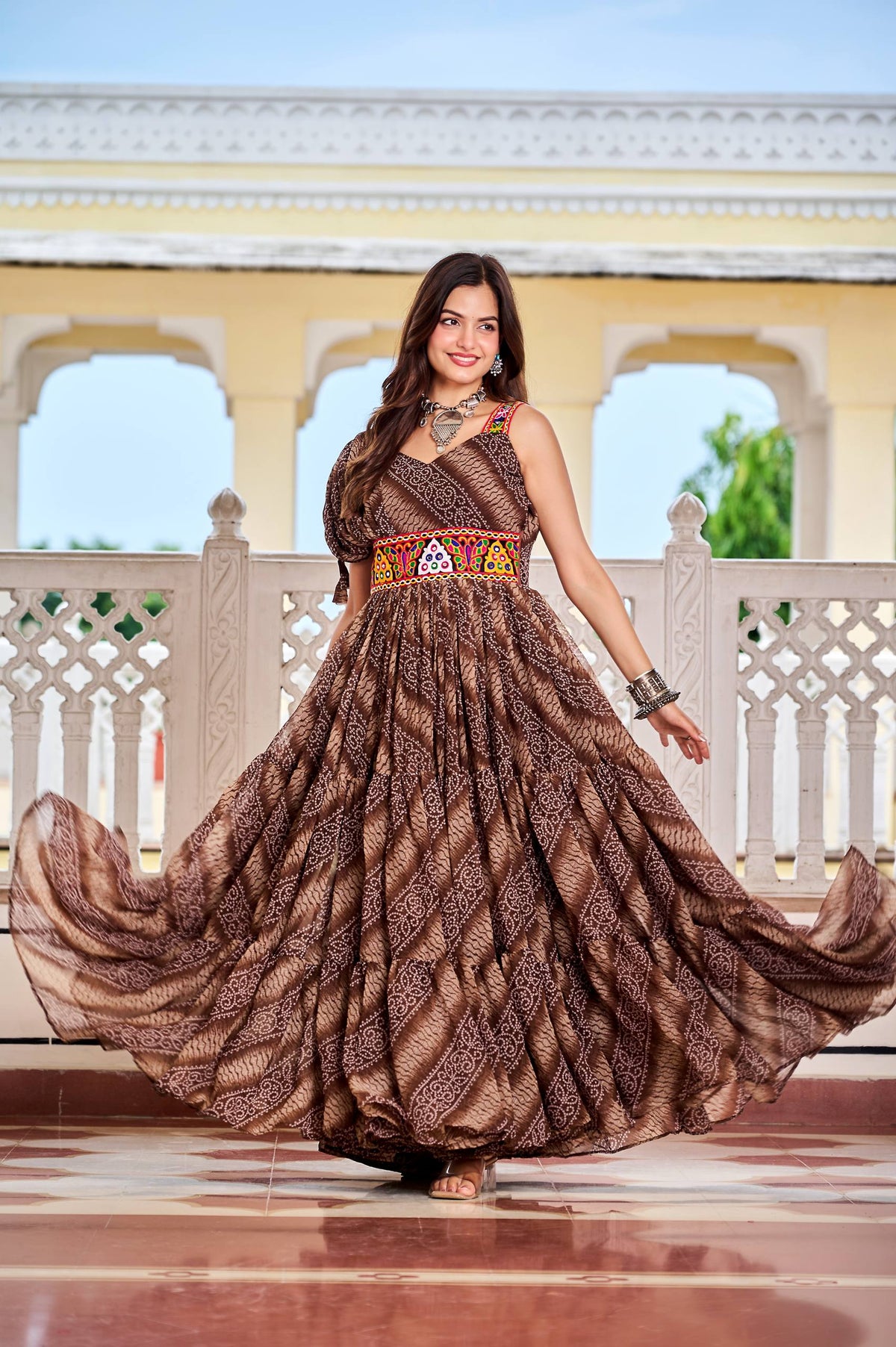 Navratri Special Bandhani Gown with Mirror Work & 9-Meter Flair