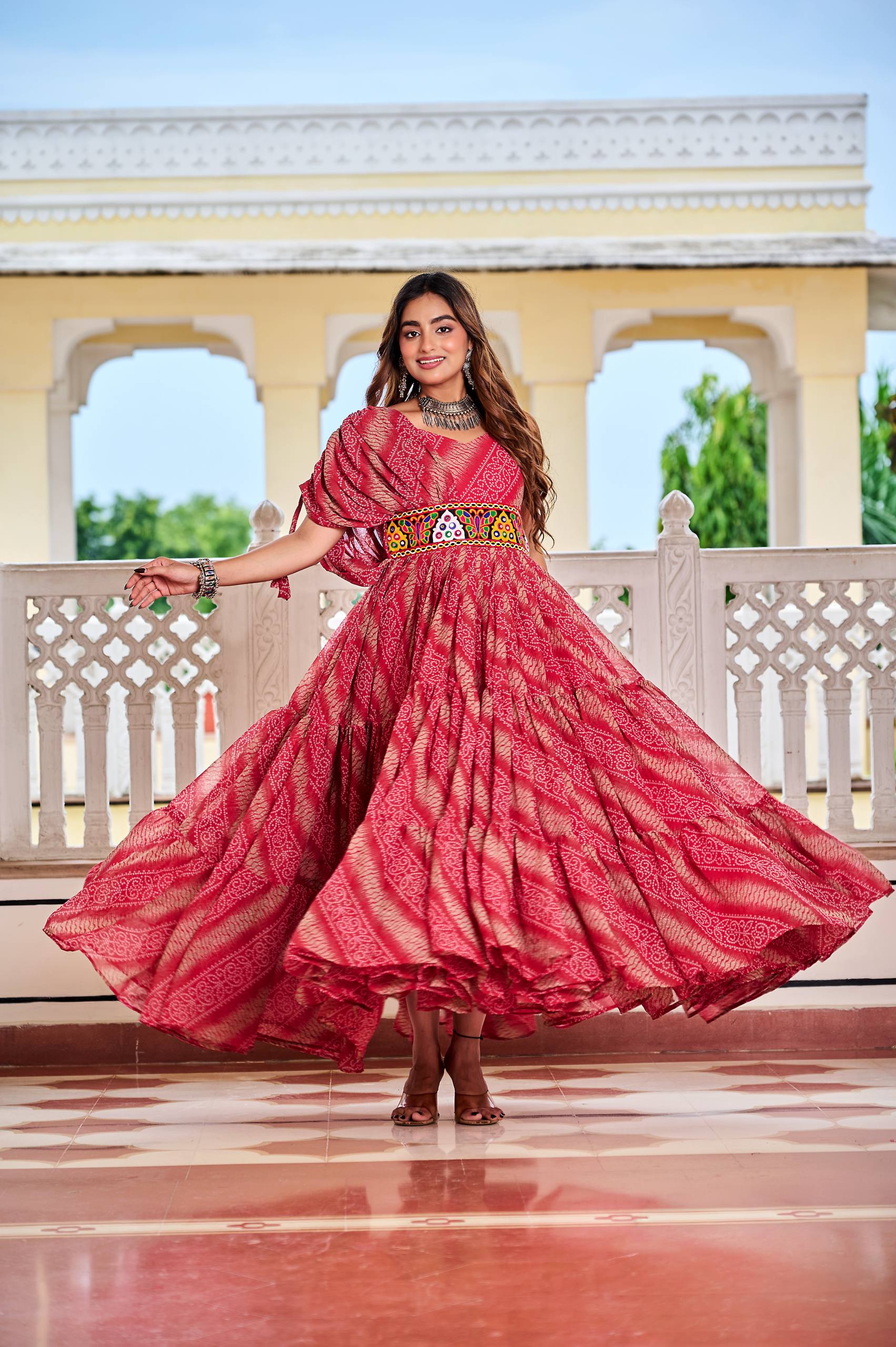 Navratri Special Bandhani Gown with Mirror Work & 9-Meter Flair