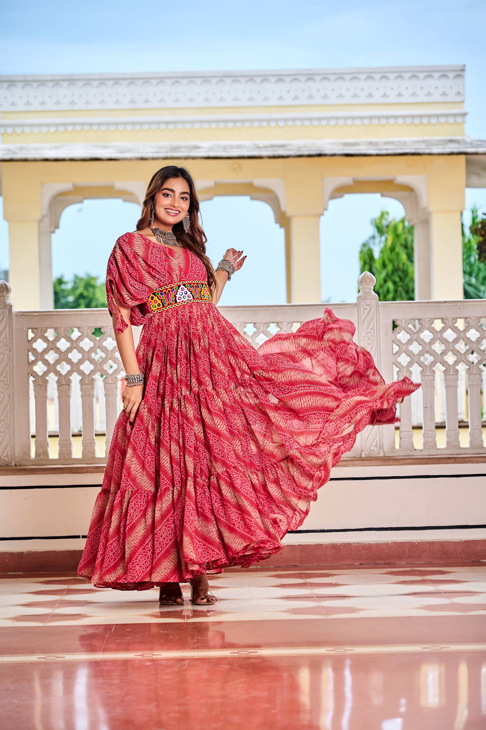 Navratri Special Bandhani Gown with Mirror Work & 9-Meter Flair