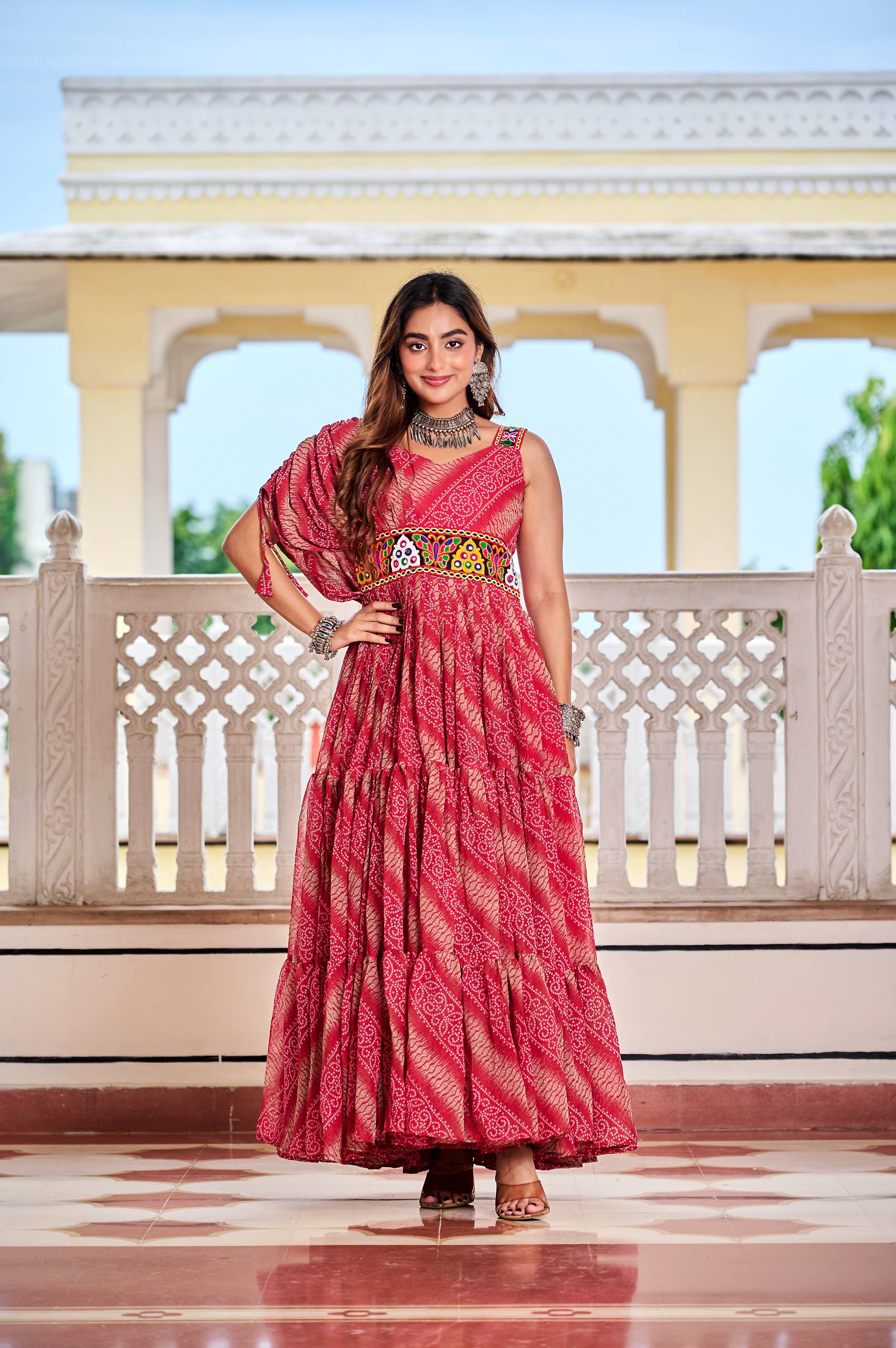 Navratri Special Bandhani Gown with Mirror Work & 9-Meter Flair