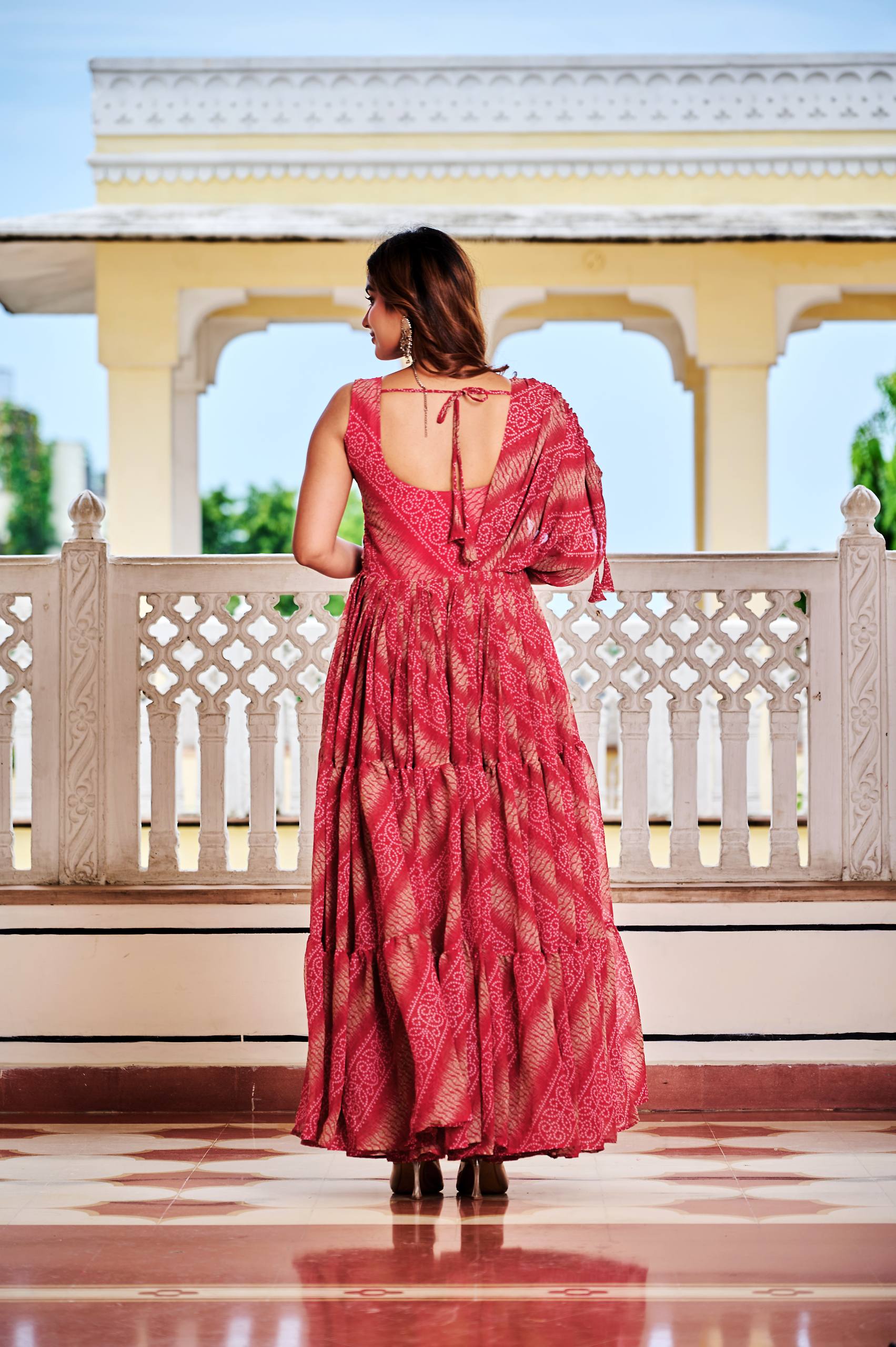 Navratri Special Bandhani Gown with Mirror Work & 9-Meter Flair