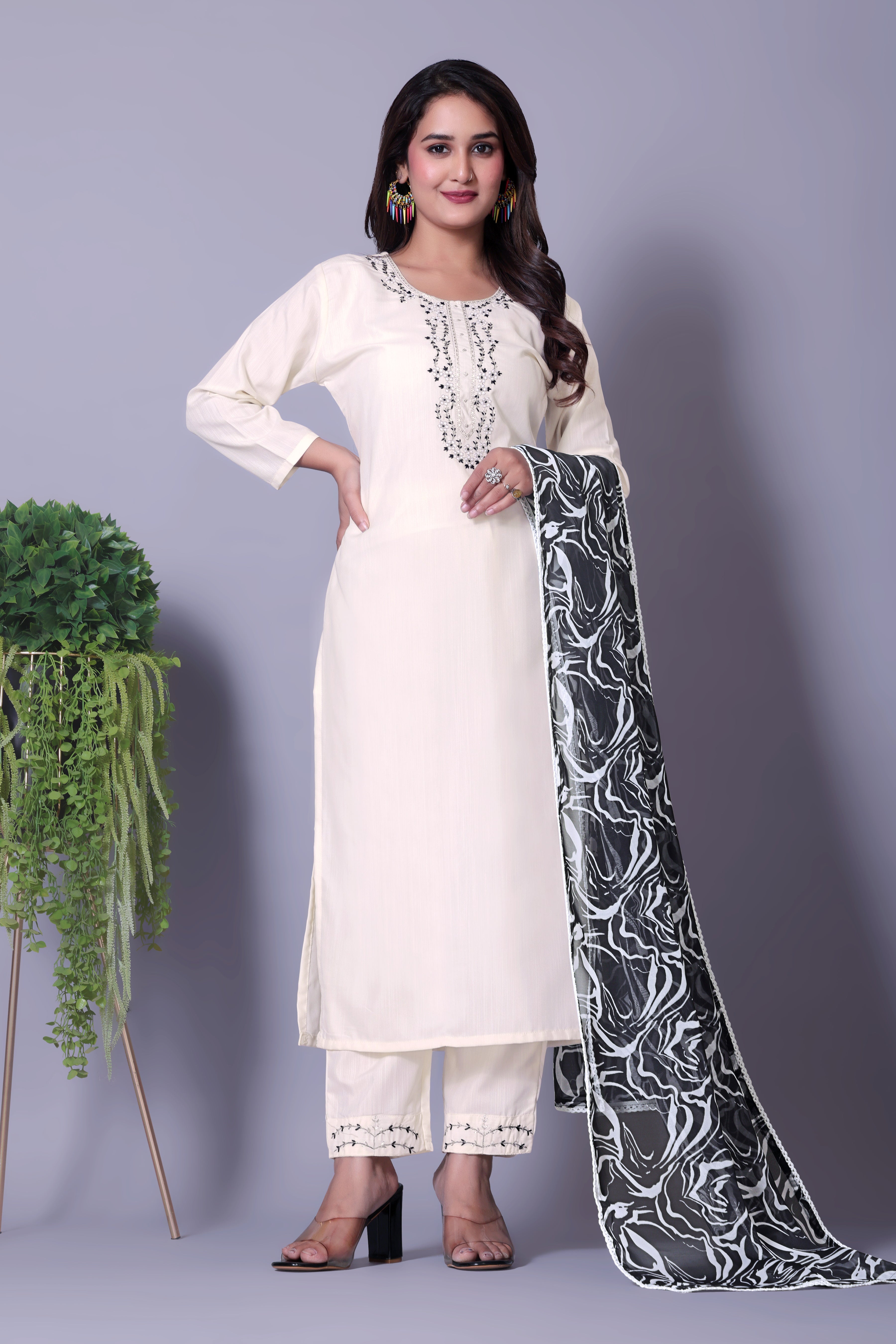 Contemporary White Kurta Set featuring Embellished Neckline & Patterned Dupatta