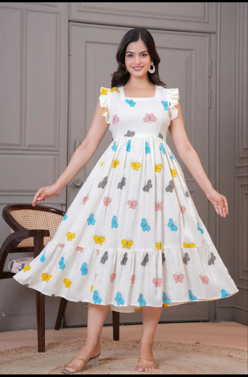 White Butterfly Print Flutter Sleeve Midi Dress