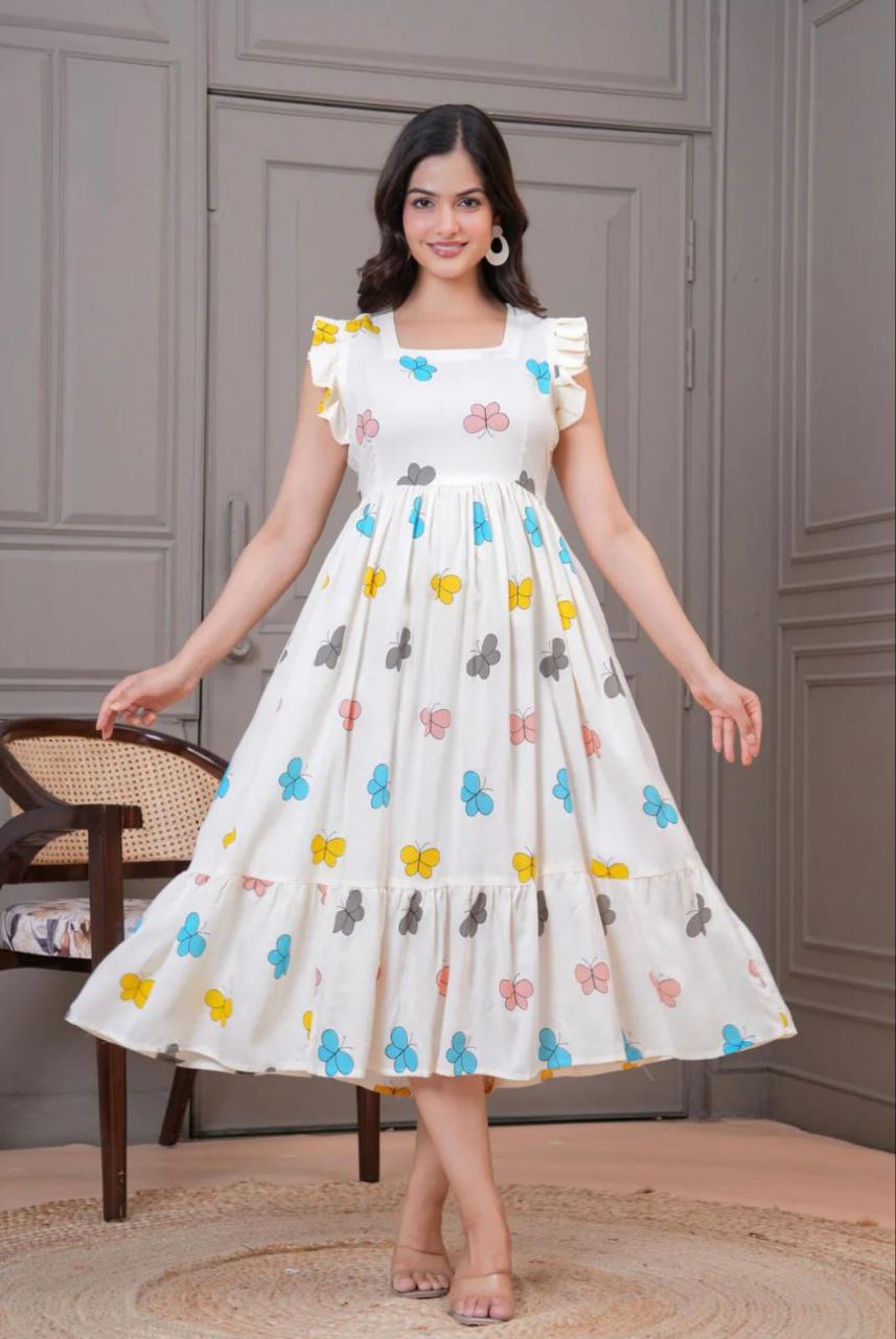 White Butterfly Print Flutter Sleeve Midi Dress