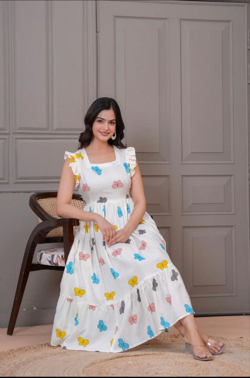 White Butterfly Print Flutter Sleeve Midi Dress