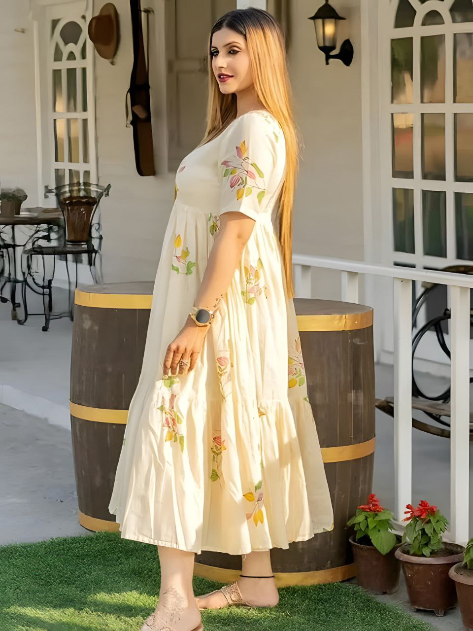 Women's White Floral Print Cotton Tiered Midi Dress