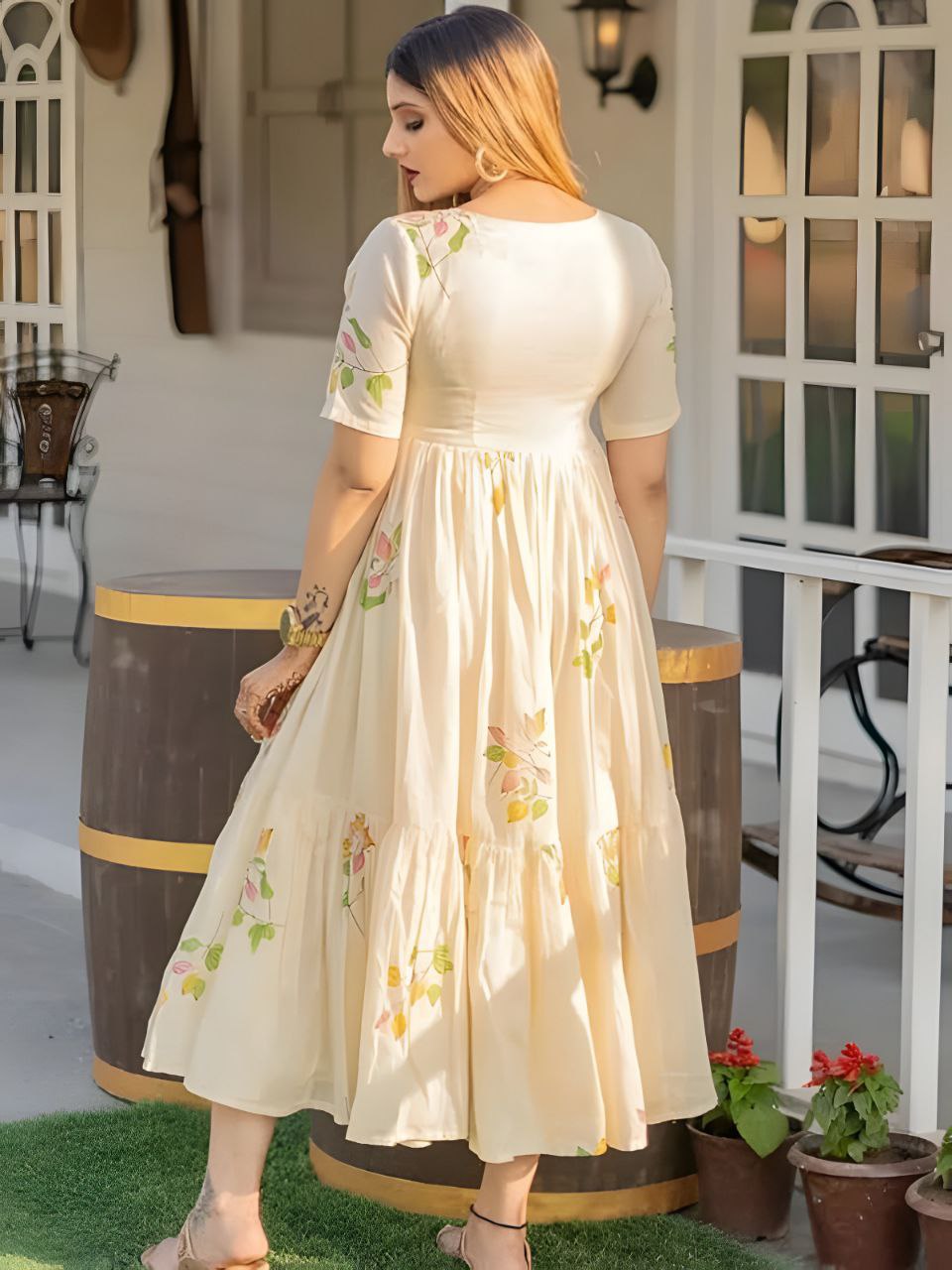 Women's White Floral Print Cotton Tiered Midi Dress