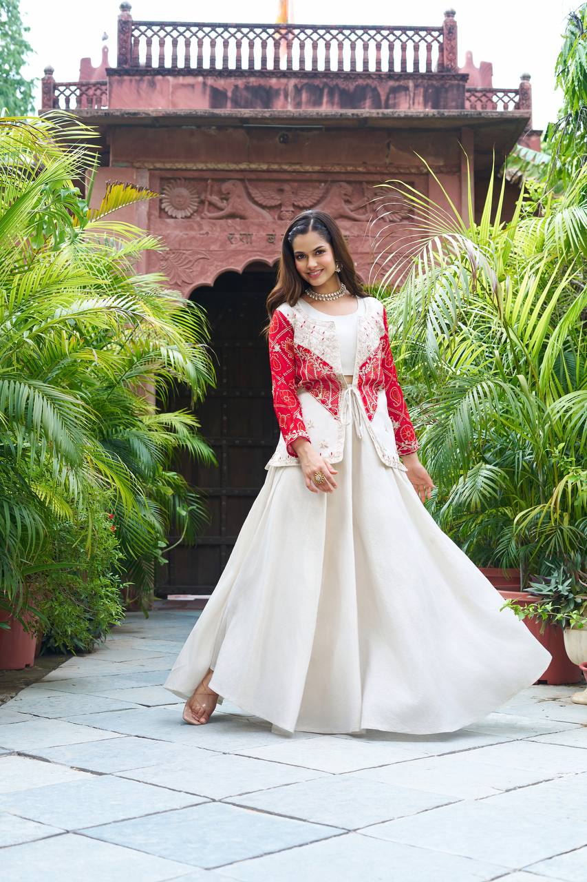 Designer White Flair Palazzo with Red And Pink Bandhani Jacket for Festive Wear