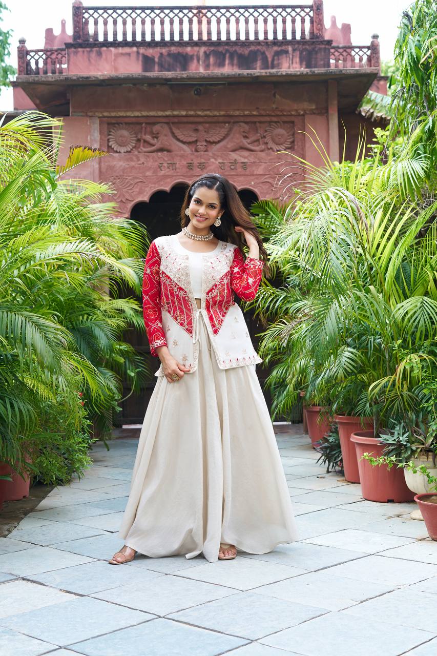 Designer White Flair Palazzo with Red And Pink Bandhani Jacket for Festive Wear