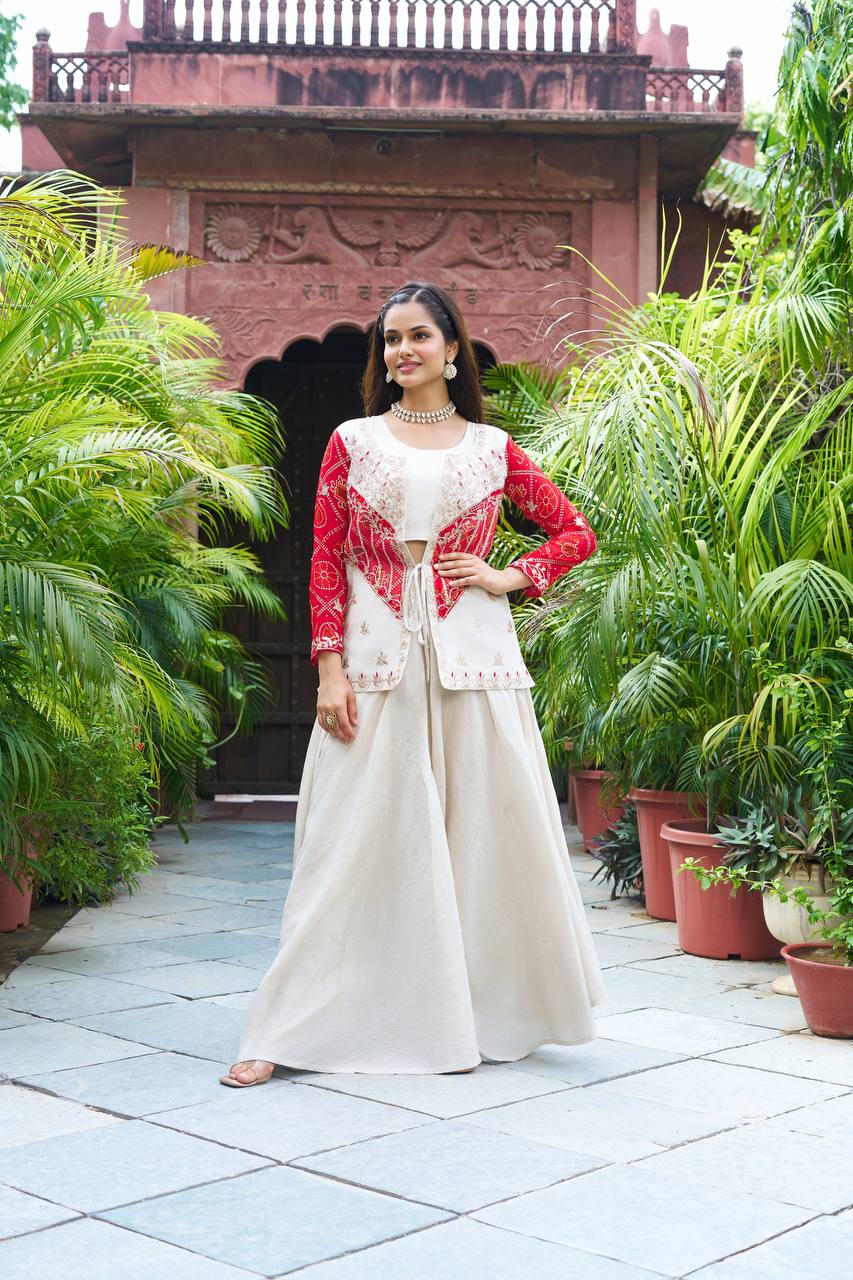 Designer White Flair Palazzo with Red And Pink Bandhani Jacket for Festive Wear