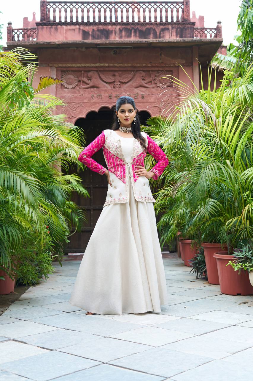Designer White Flair Palazzo with Red And Pink Bandhani Jacket for Festive Wear