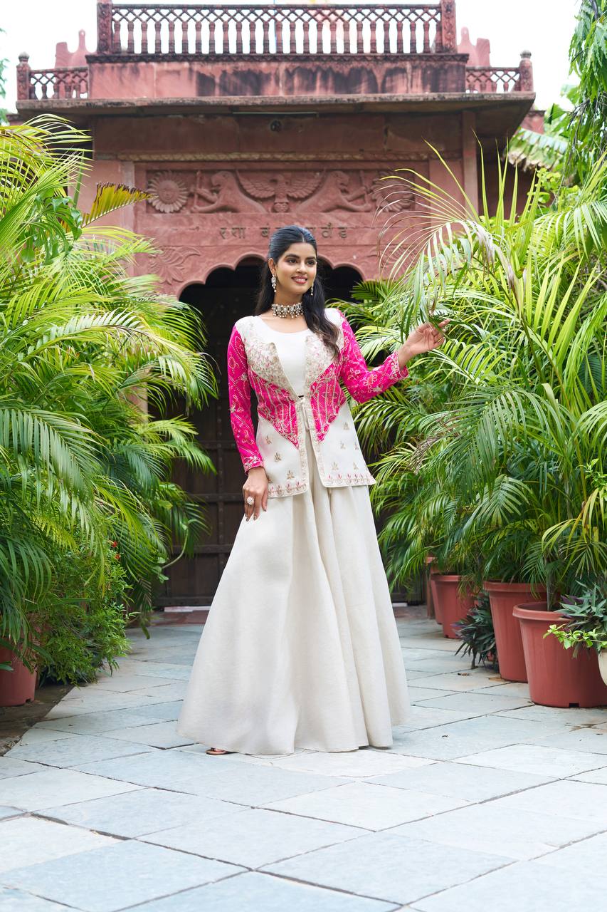Designer White Flair Palazzo with Red And Pink Bandhani Jacket for Festive Wear
