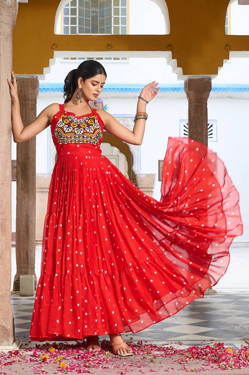 Festive Red Georgette Anarkali Dress with Traditional Embroidery
