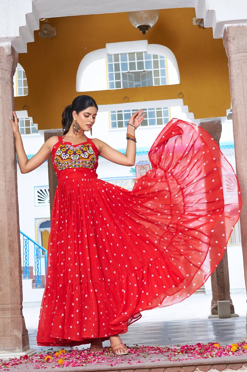 Festive Red Georgette Anarkali Dress with Traditional Embroidery