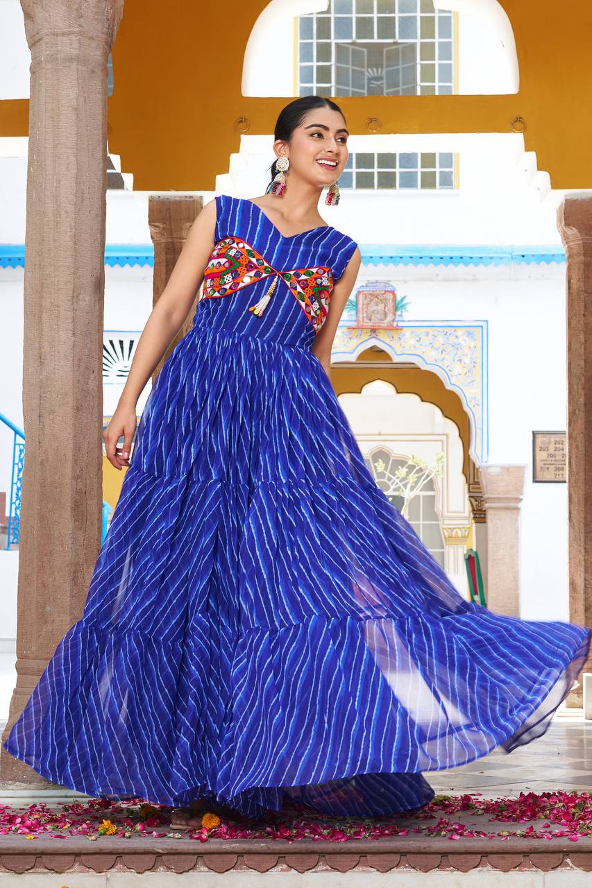 Navratri Special Blue Georgette Bandhani Printed Readymade Gown