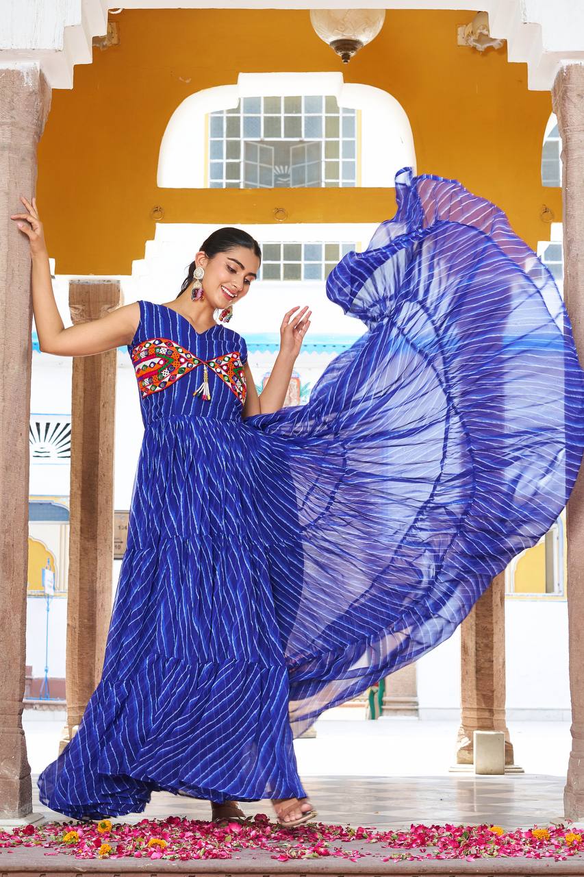 Navratri Special Blue Georgette Bandhani Printed Readymade Gown