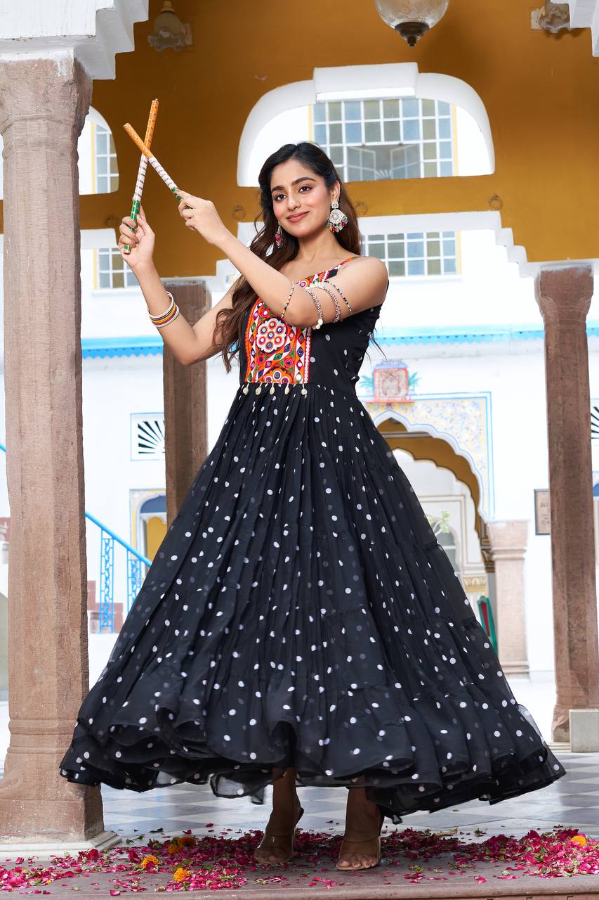 Black Georgette Bandhani Print Navratri Gown with Gamathi Embroidery