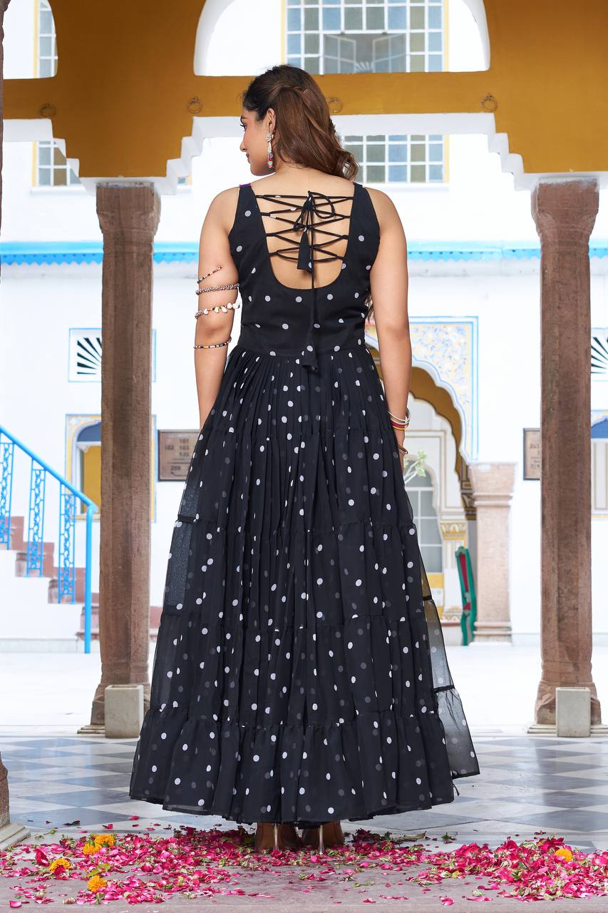 Black Georgette Bandhani Print Navratri Gown with Gamathi Embroidery