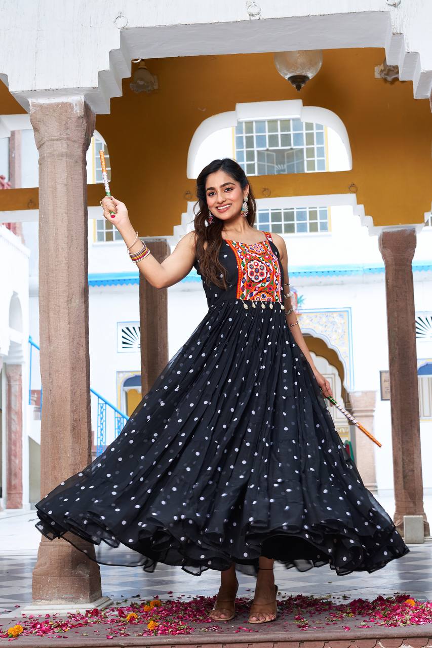 Black Georgette Bandhani Print Navratri Gown with Gamathi Embroidery