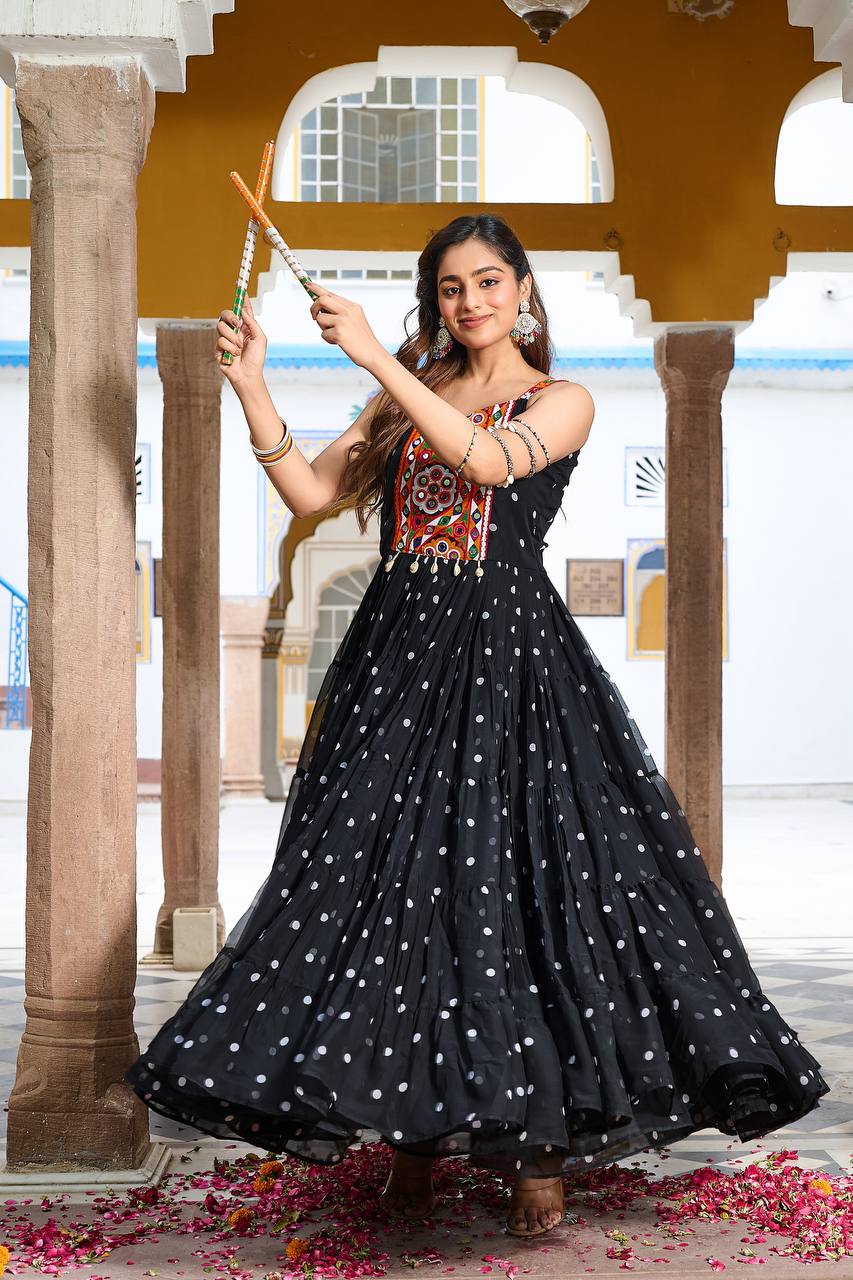 Black Georgette Bandhani Print Navratri Gown with Gamathi Embroidery