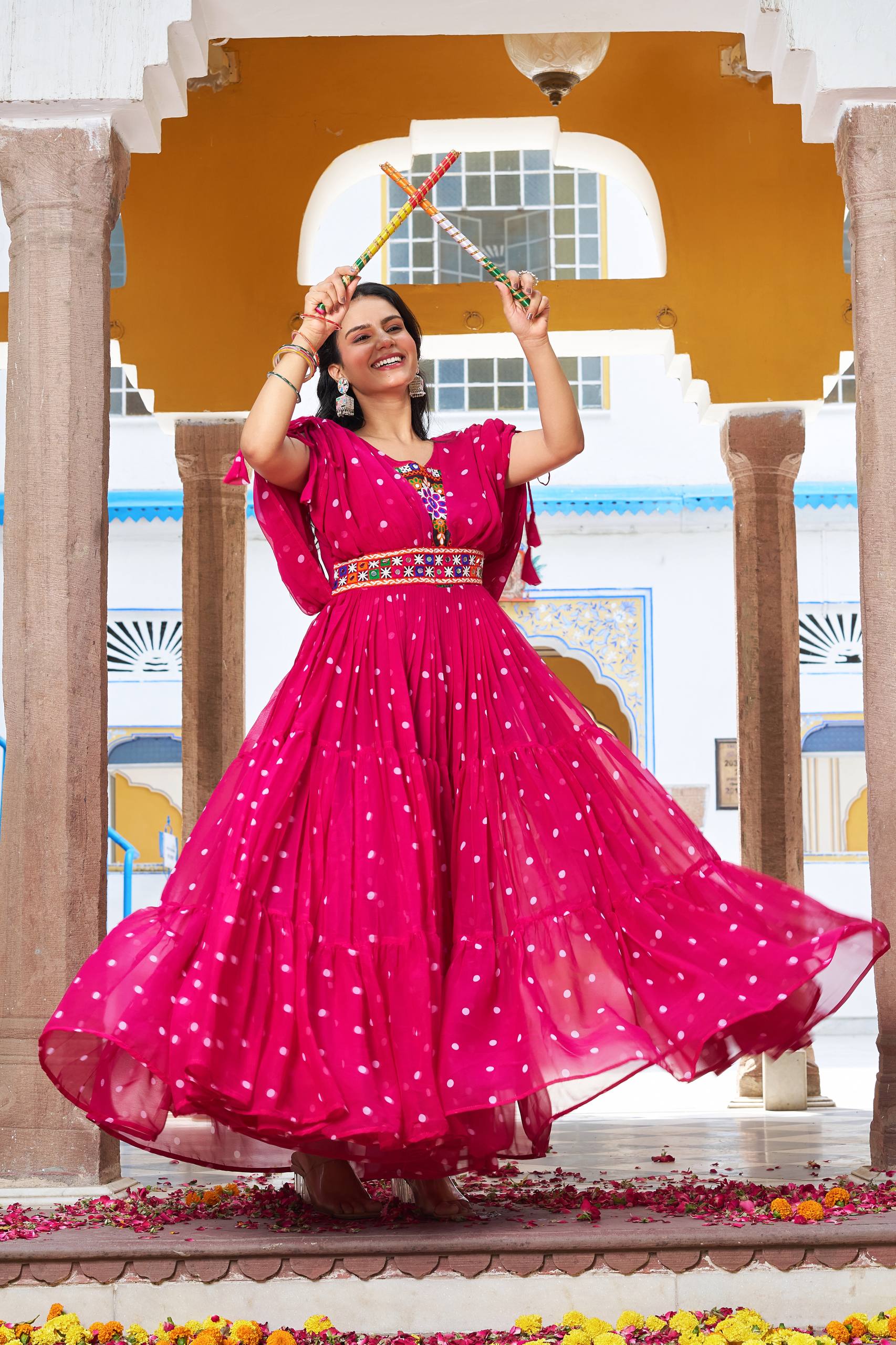 Vibrant Rani Pink Bandhani Print Georgette Gown for Navratri & Festive Occasions