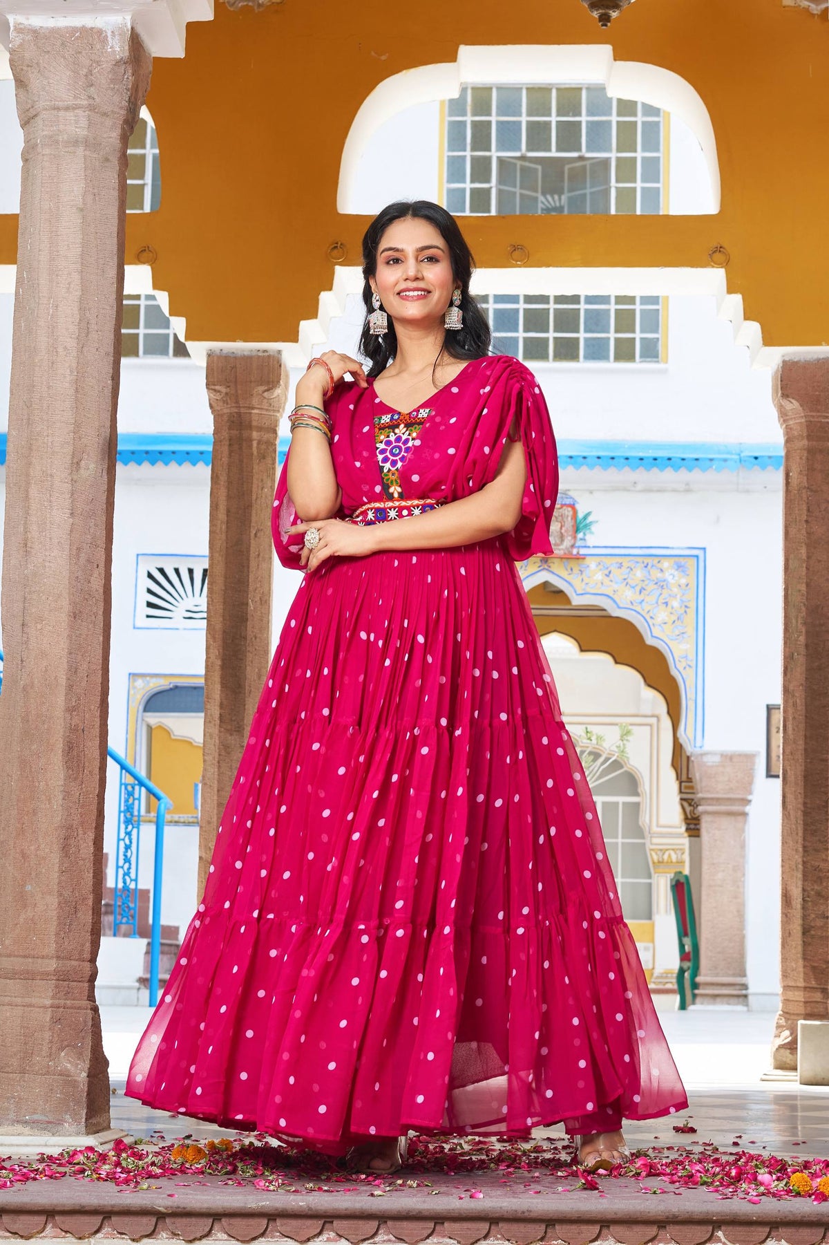 Vibrant Rani Pink Bandhani Print Georgette Gown for Navratri & Festive Occasions