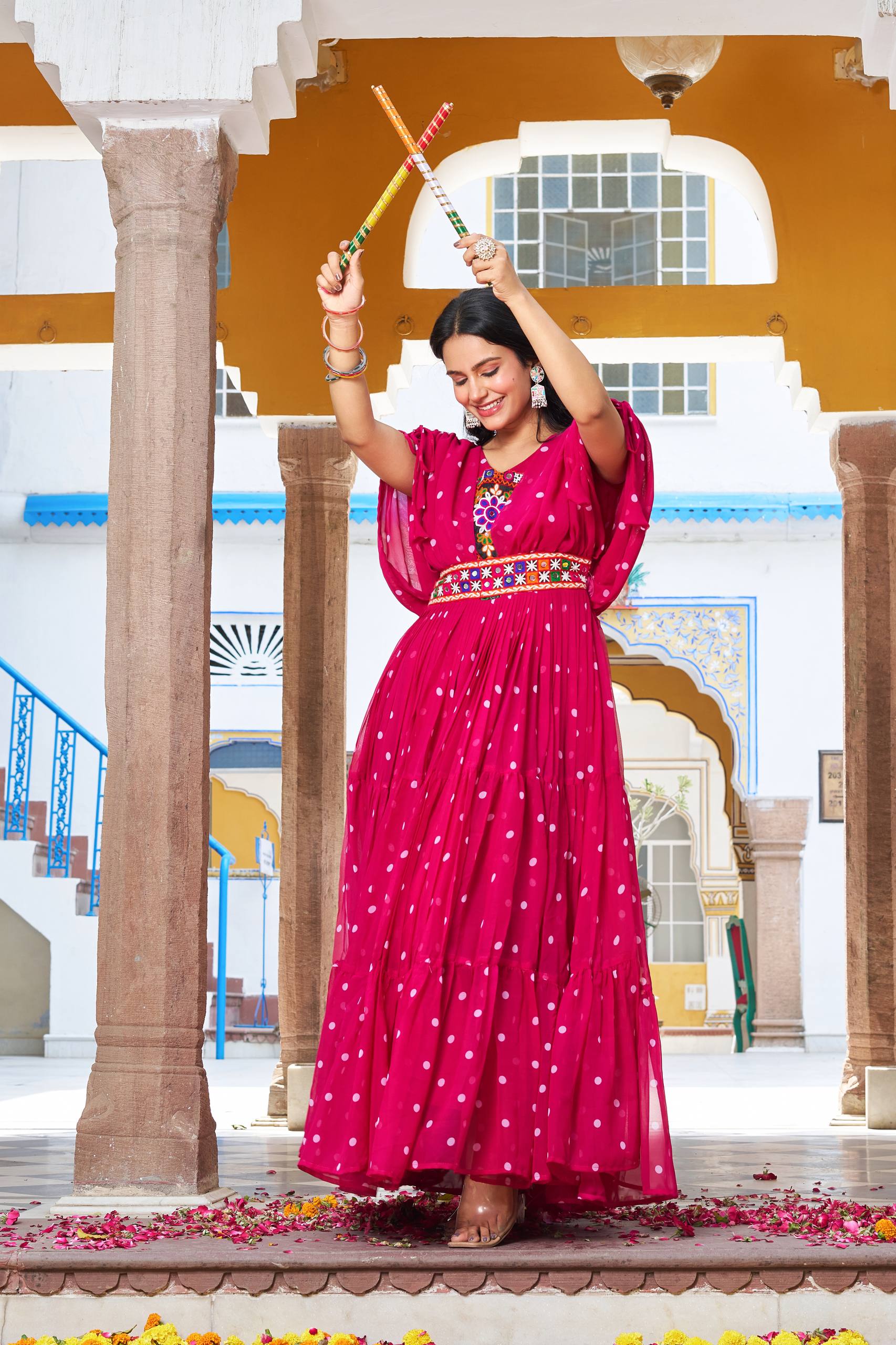 Vibrant Rani Pink Bandhani Print Georgette Gown for Navratri & Festive Occasions