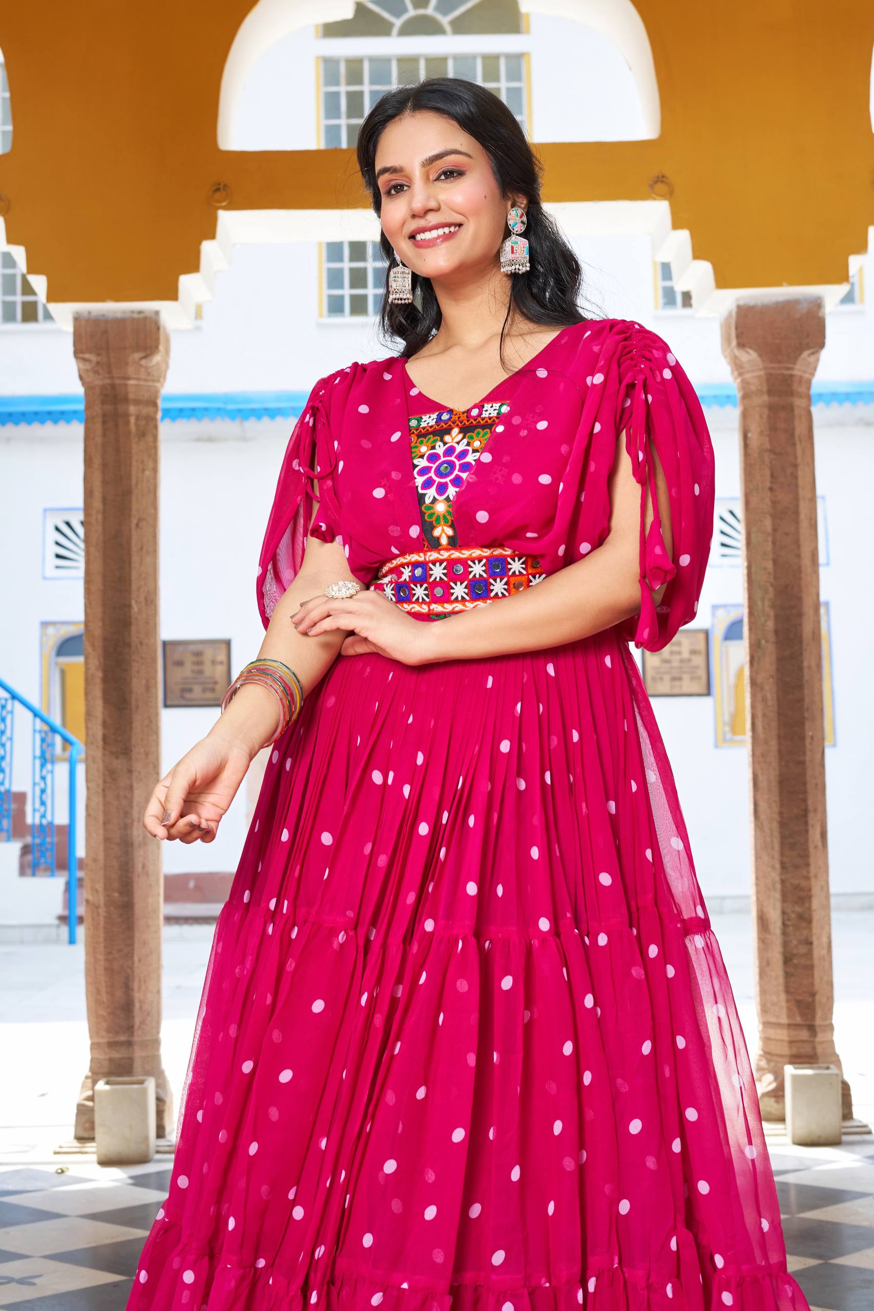 Vibrant Rani Pink Bandhani Print Georgette Gown for Navratri & Festive Occasions