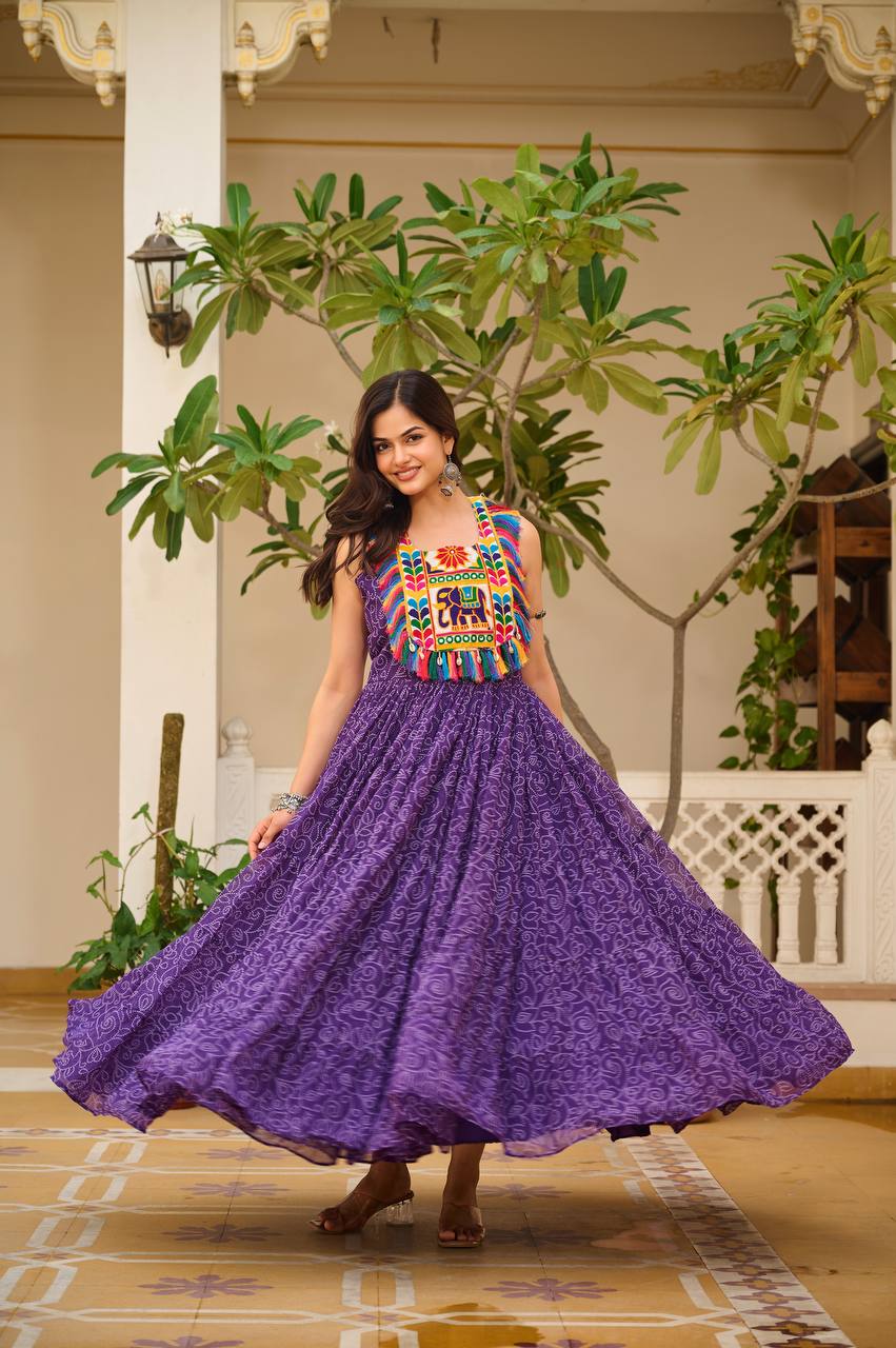 Navratri Special Faux Georgette Gown with Traditional Gamthi Embroidery & Real Mirror Work