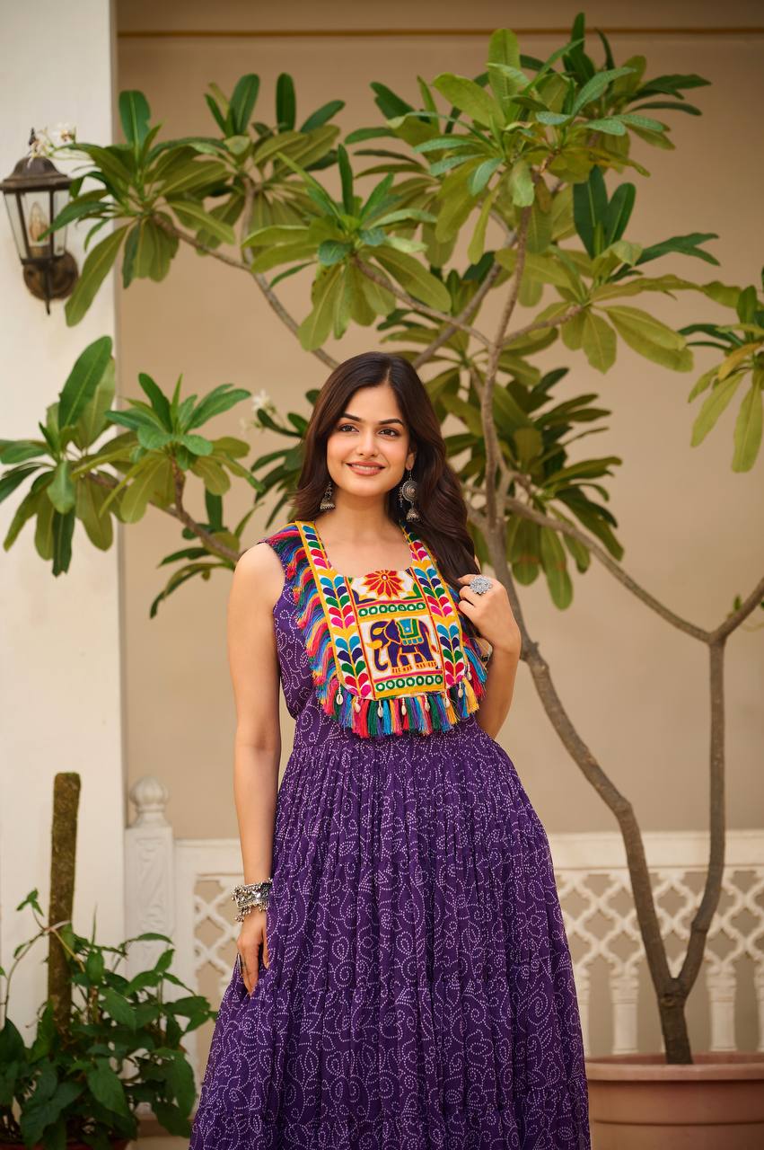 Navratri Special Faux Georgette Gown with Traditional Gamthi Embroidery & Real Mirror Work