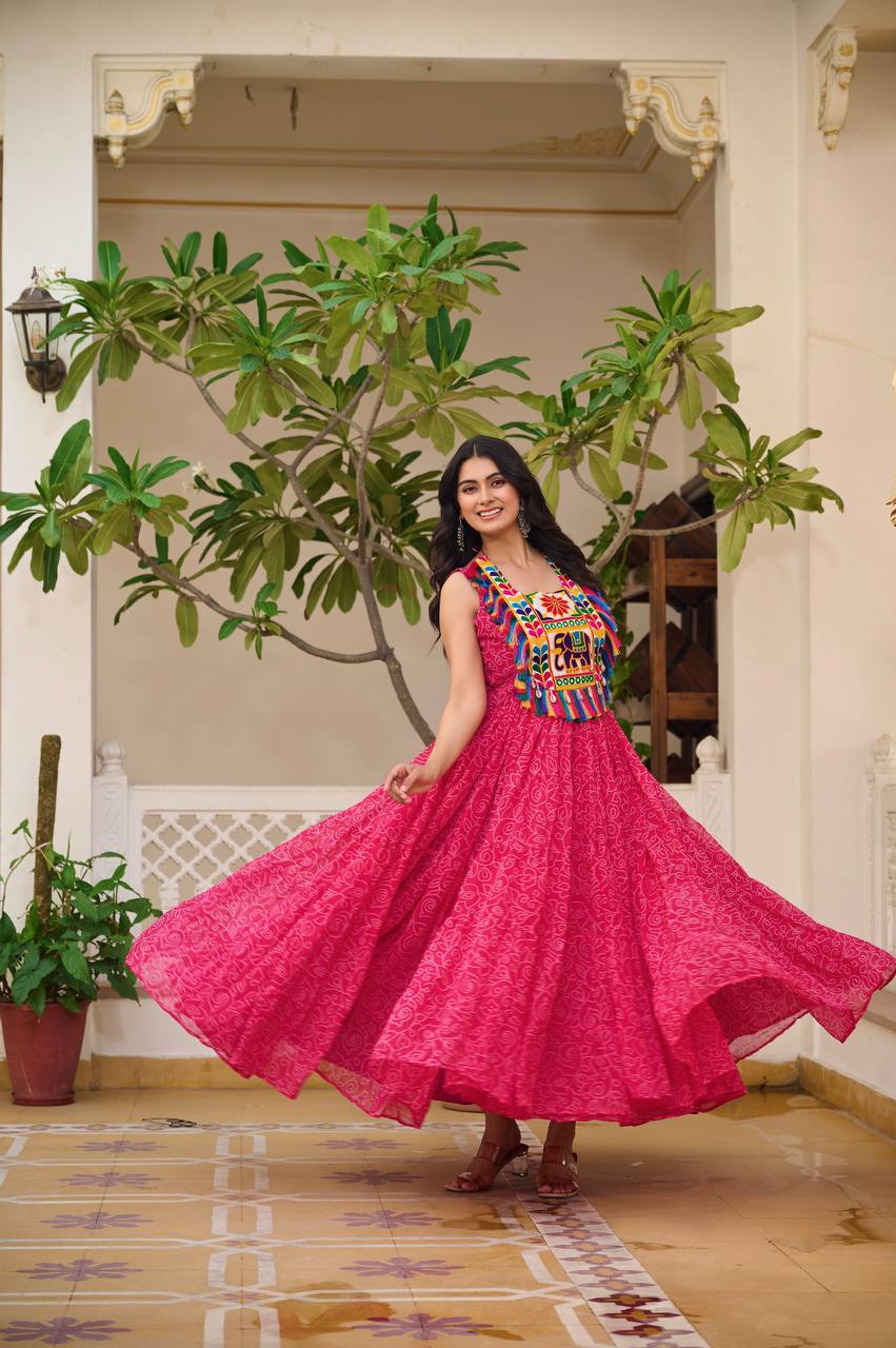 Navratri Special Faux Georgette Gown with Traditional Gamthi Embroidery & Real Mirror Work